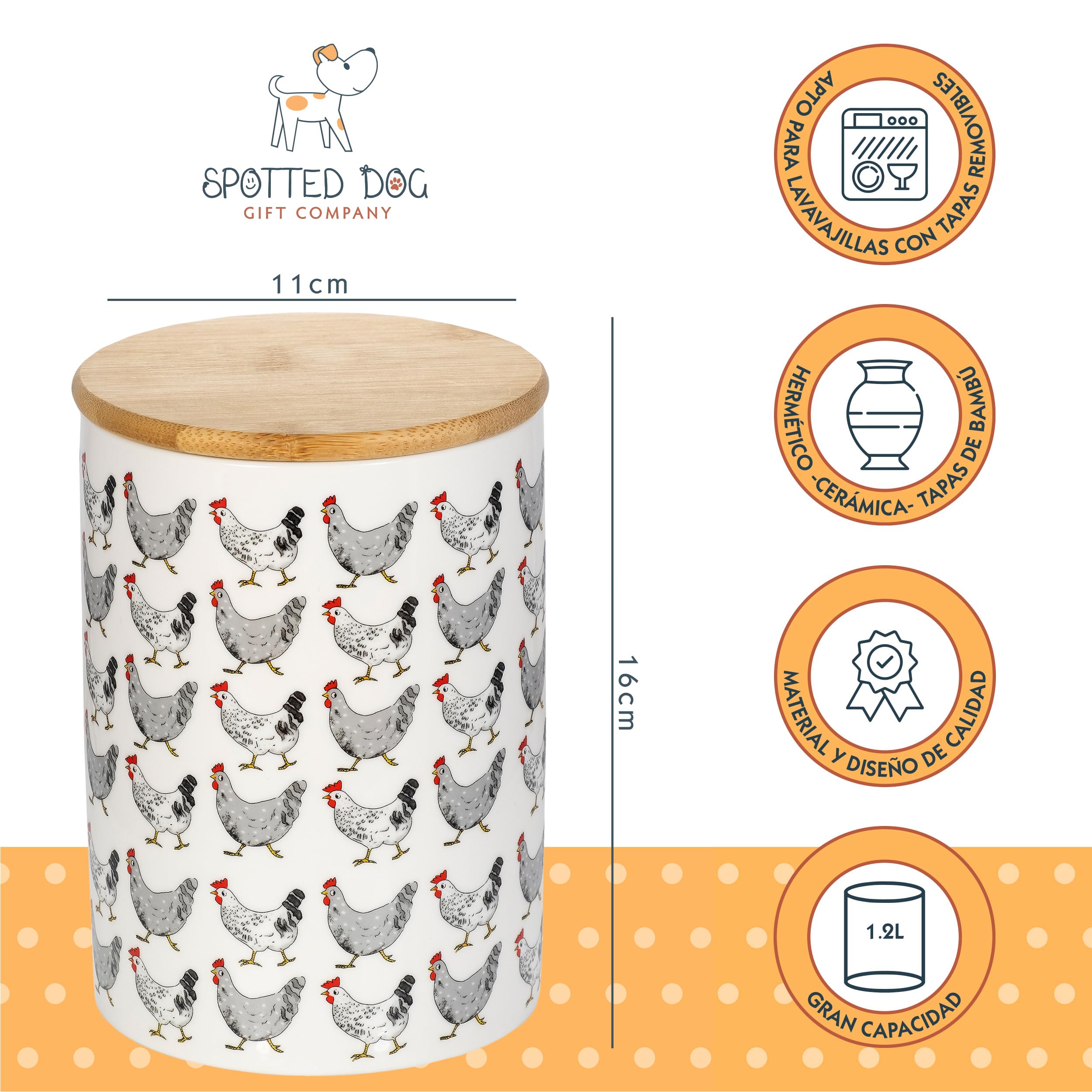 SPOTTED DOG GIFT COMPANY Juego de 3 Botes Cocina Almacenaje de Cerámica con Estampado de Gallinas, Recipientes Herméticos para Alimentos con Tapa, Regalo para Amantes Animales