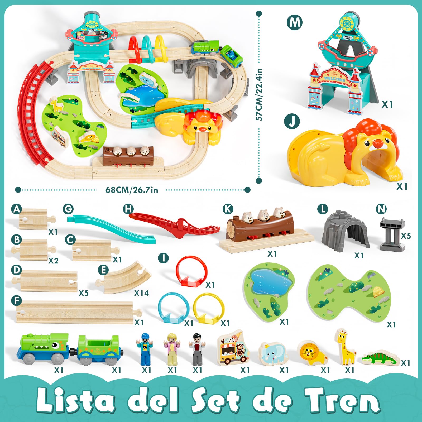Lehoo Catsle Tren Juguete con Locomotora de Dinosaurios, Tren Electrico Juguete Niños 3+ Años, Juguetes de Mader, Tren Eléctrico Infantil, Regalo para Niño