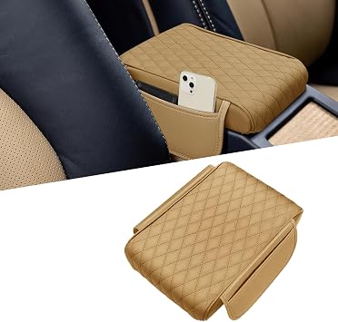Napa Leather Car Armrest Cushion with Side Pockets, Memory Foam Center Console Cover, Universal Auto Armrest Protector for Most Vehicles