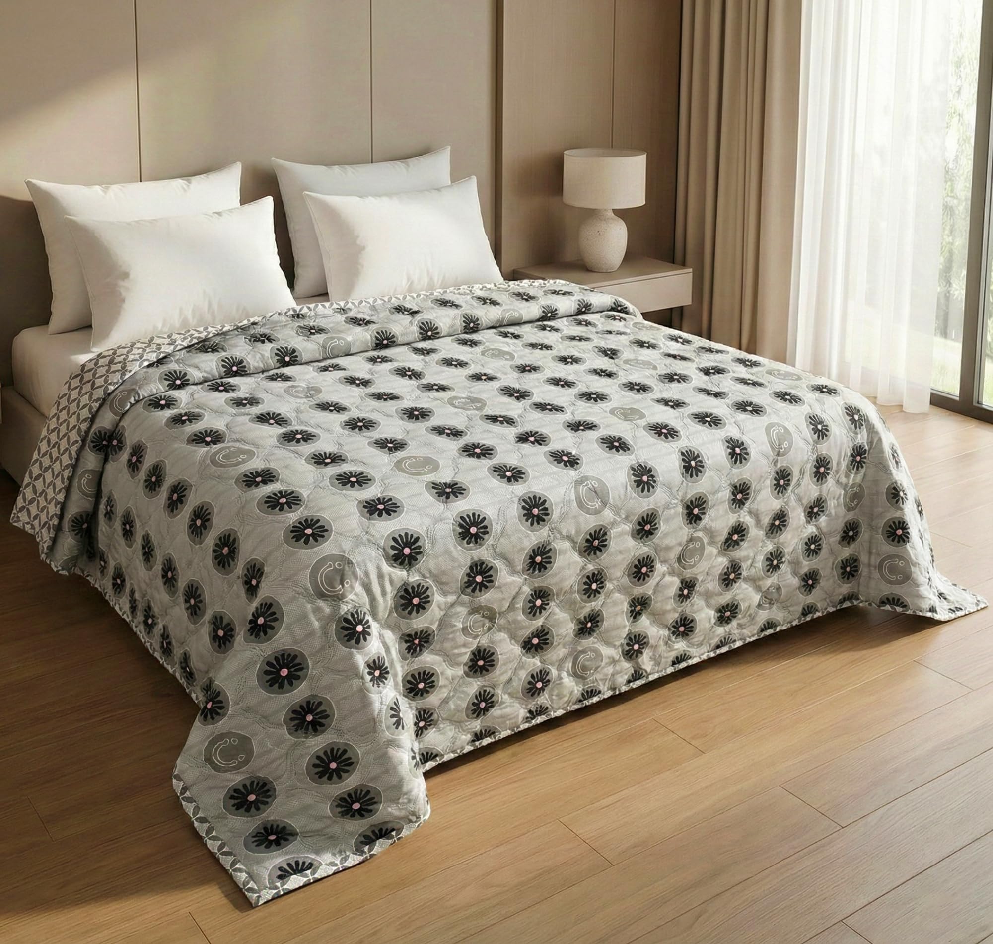 BSB HOME Ultrasonic Quilted AC Comforter 220 GSM|Premium Microfiber Reversible All Season Blanket for Double Bed | Ultra Soft Lightweight Quilt Duvet | 225 x 220 cm (Grey & Black)
