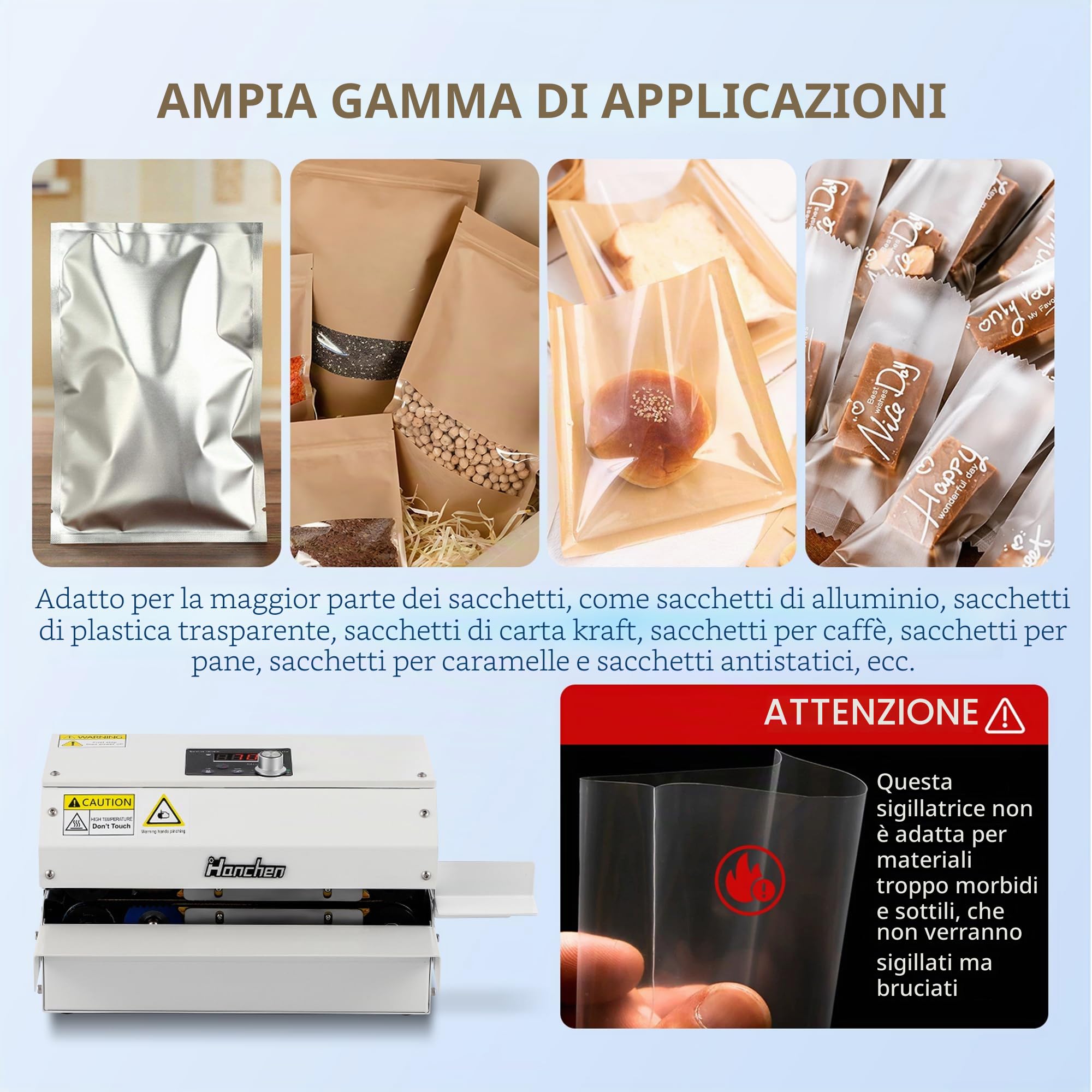 Hanchen Sigillatrice a caldo a rullo 3000 W, sigillamento continuo 6m/min, temperatura e velocità regolabile