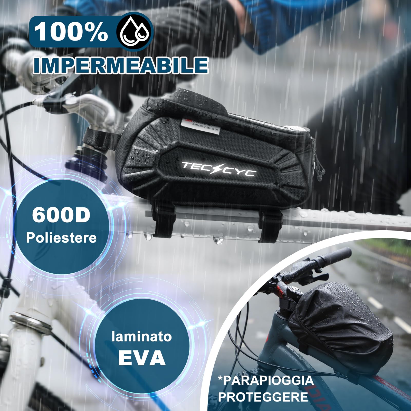 TECHCYC Borsa Telaio Bici con Riflettente, Borsa Bici con Touchscreen TPU,Borsello Tubo Anteriore Bici Impermeabile Antigraffio Tasca Cellulare 7 Pollici,per MTB,Bici Gravel,Bici Strada,Bici Elettrica