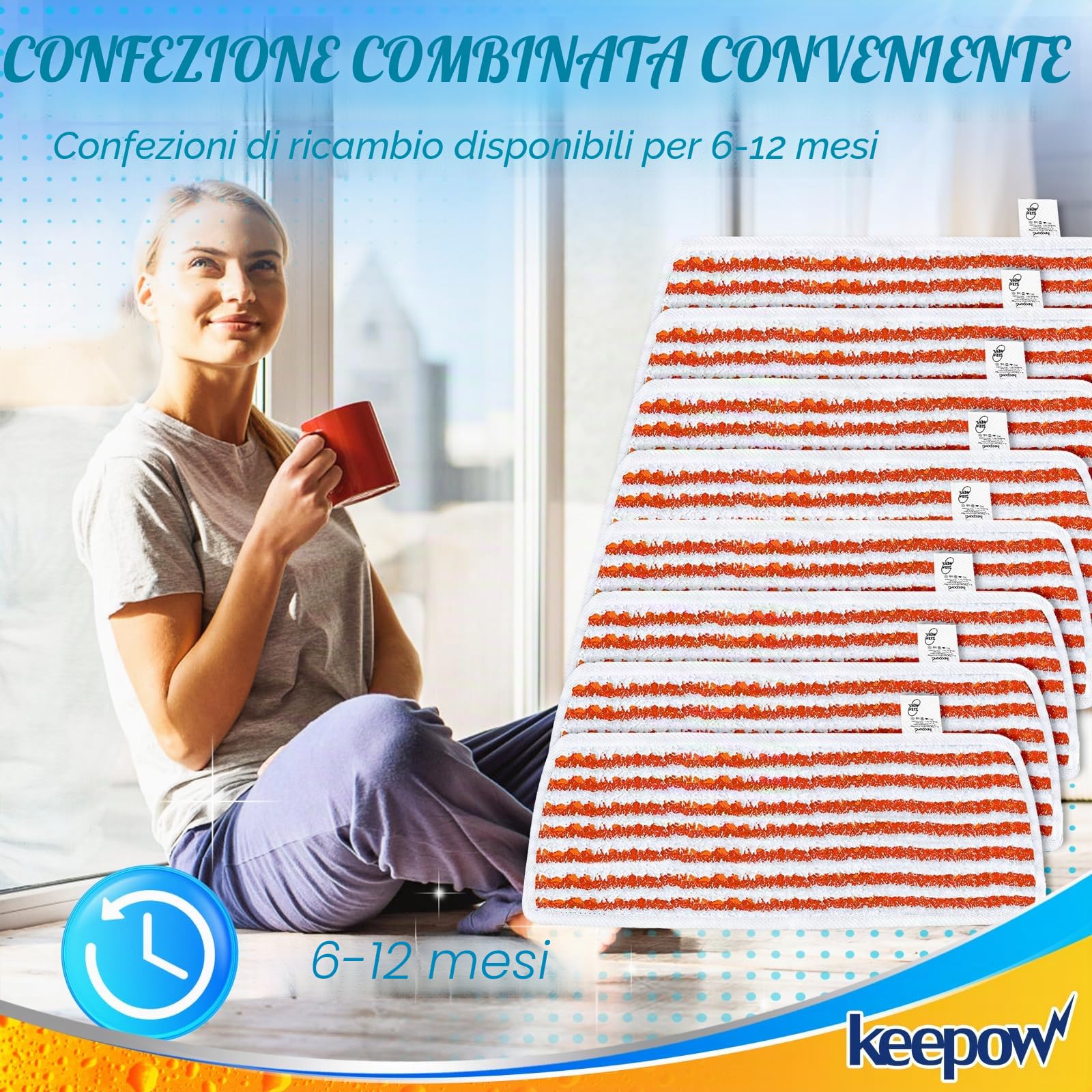 KEEPOW Steam PLUS XXL, 8 pezzi di ricambio per pulitore a vapore Steam Plus, rivestimento di ricambio lavabile per pulitore a vapore Steam XXL – con strisce resistenti