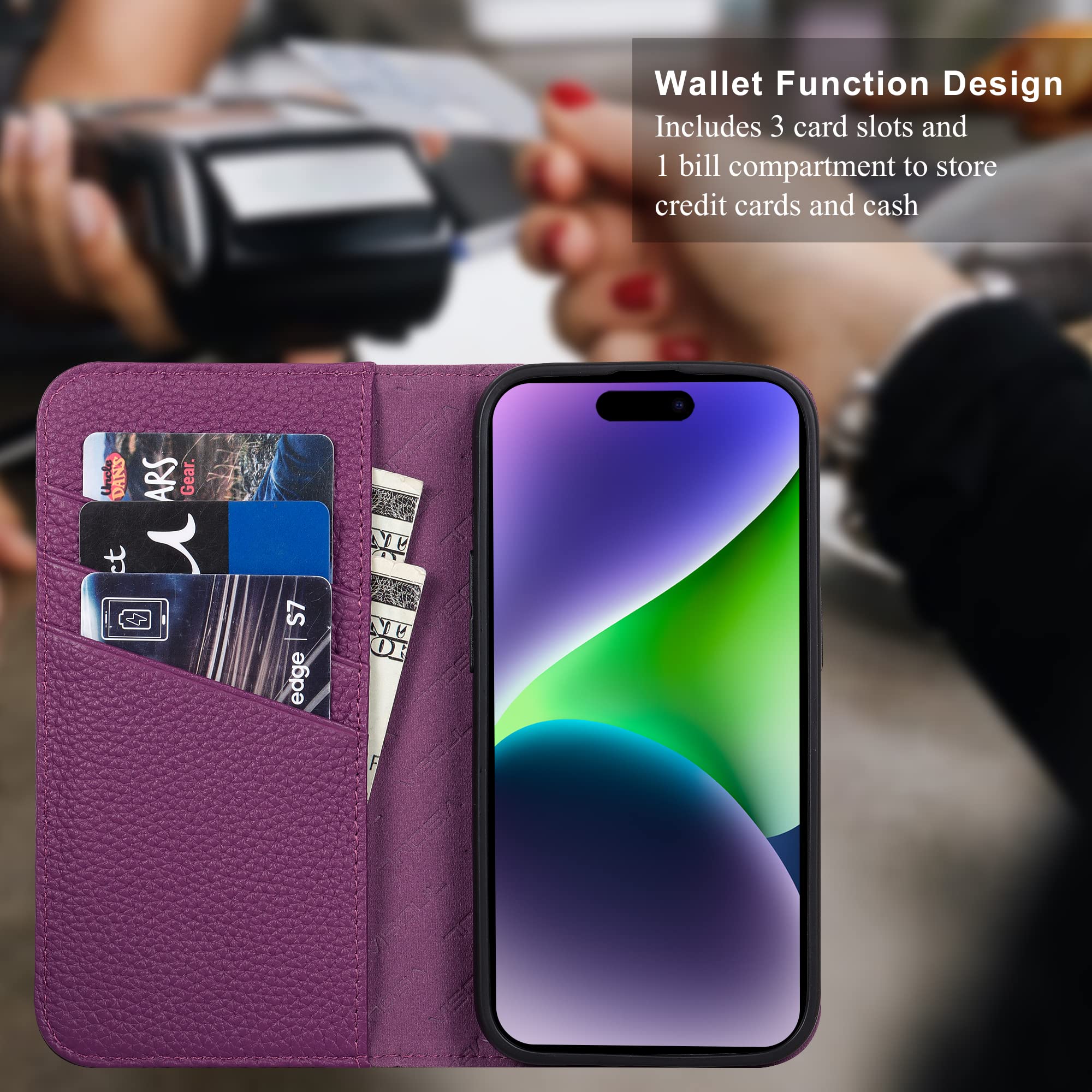 VISOUL Étui portefeuille en cuir grainé avec porte-cartes pour iPhone 14 Pro pour homme et femme, étui portefeuille à rabat magnétique avec blocage RFID compatible avec iPhone 14 Pro (6,1")
