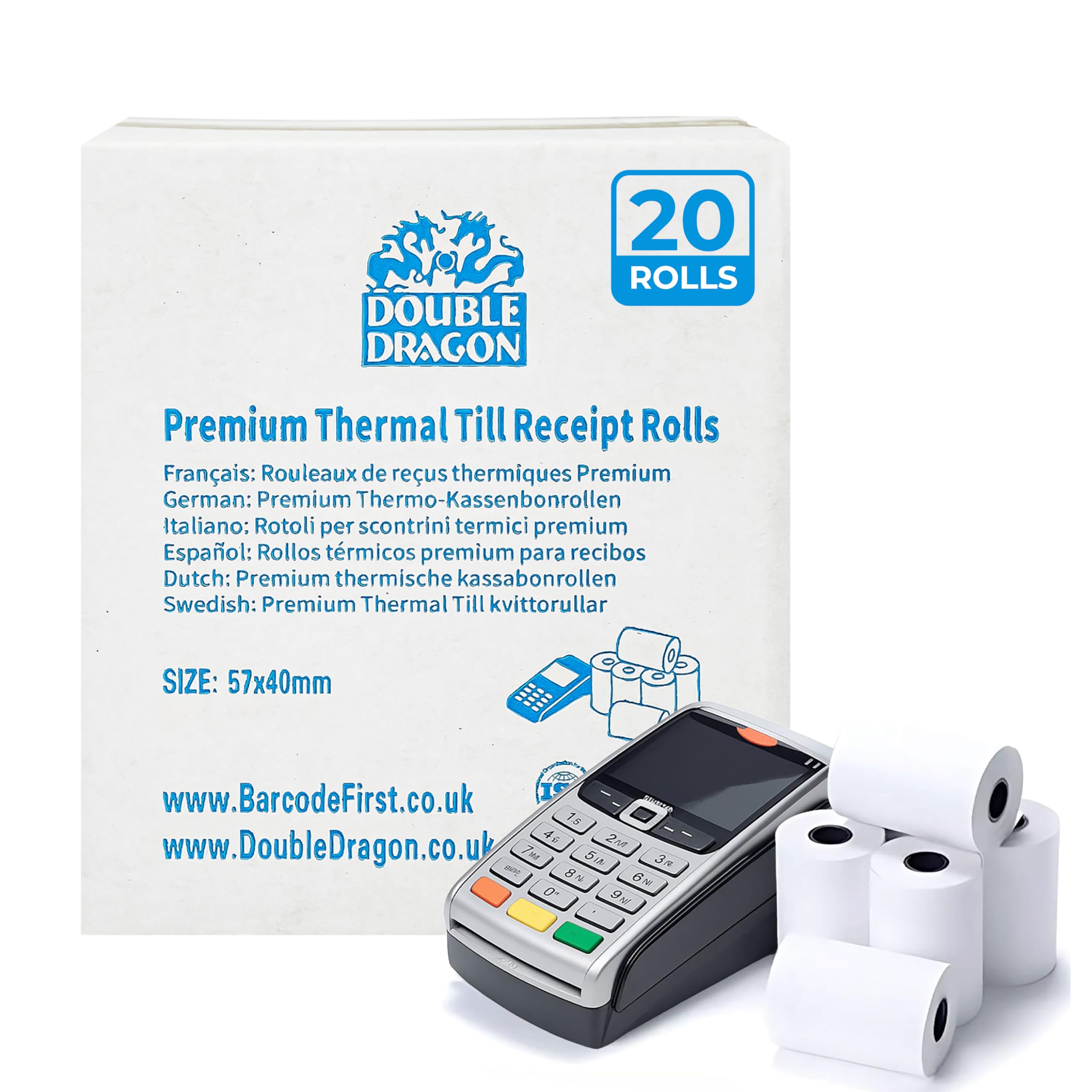 Double Dragon, 20 Rolls, 57 x 40mm Thermal Receipt Paper, Till Rolls for Credit Card Machines & PDQ Terminals, Compatible with Ingenico, Verifone, Barclays, Pax, Worldpay, Sagem, Spire | BPA-Free