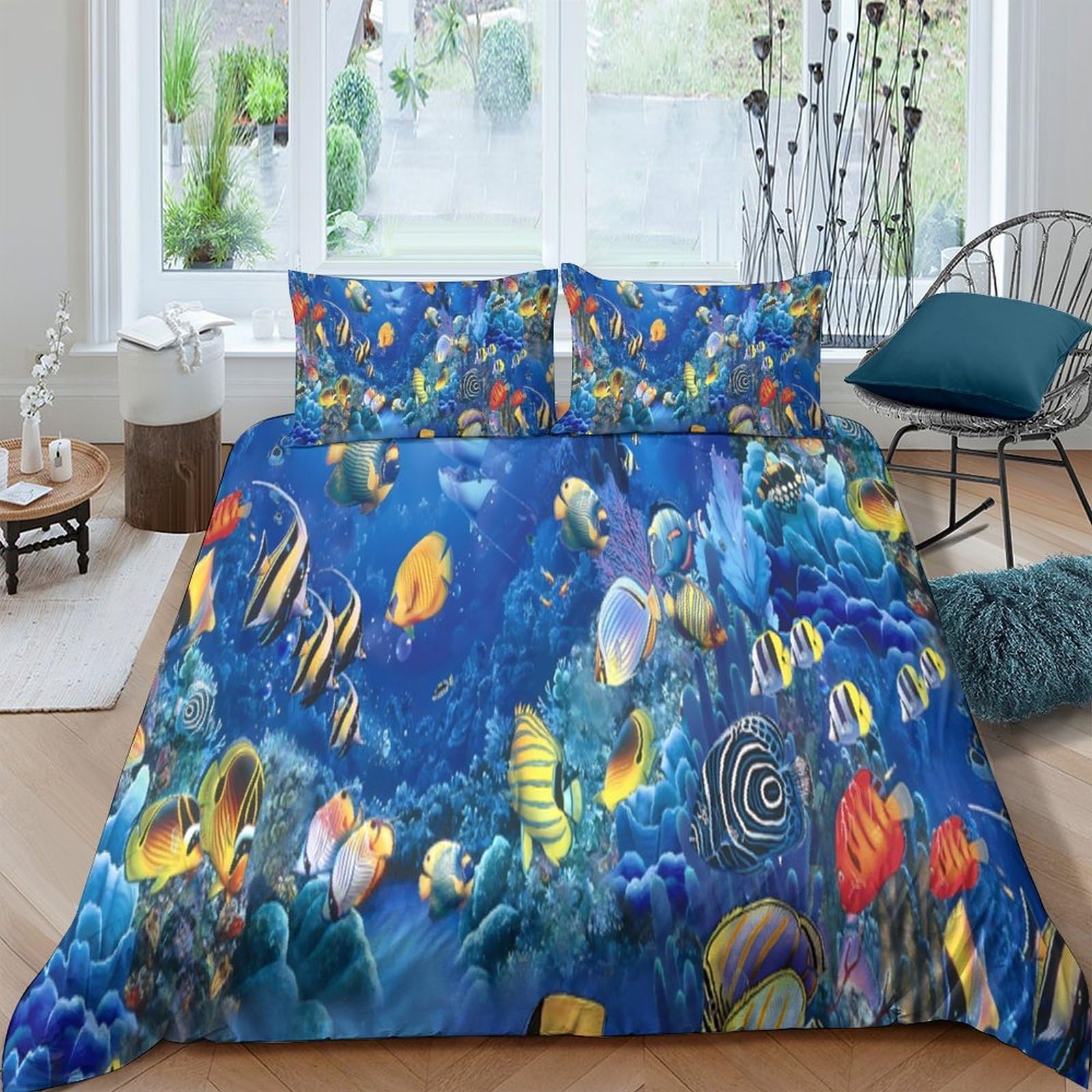 GPLZQXKJNH 3D Printed Ocean Coral Reef Duvet Cover Set Microfiber Colourful Tropical Fish Bedding Set with 2 Pillowcases for Bedroom Home Decor Single（135x200cm）