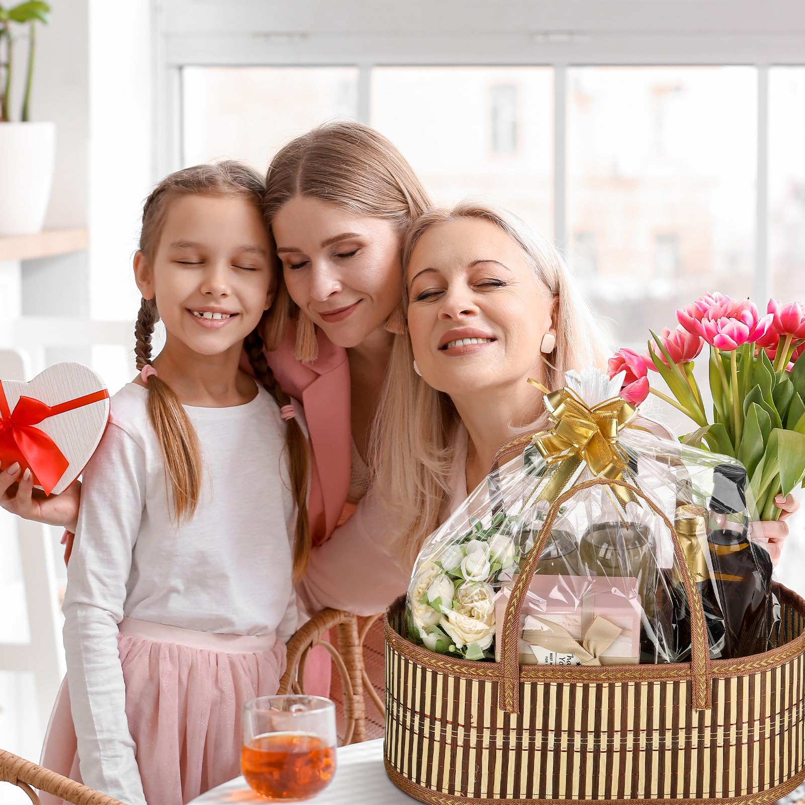 Reallnaive 6 juegos de cestas tejidas para regalos, cestas vacías grandes de bambú con asa, bolsa de celofán y cinta de flores, cestas de regalo plegables resistentes para Navidad, Acción de Gracias