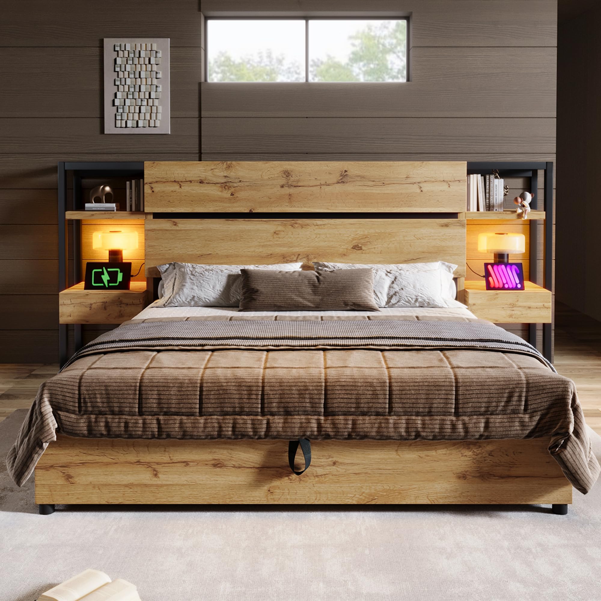 Letto matrimoniale in legno, struttura letto 160x200cm con spazio di archiviazione idraulico e stazione di ricarica USB-C | Letto in stile industriale con cassetti e comodino | Finitura in