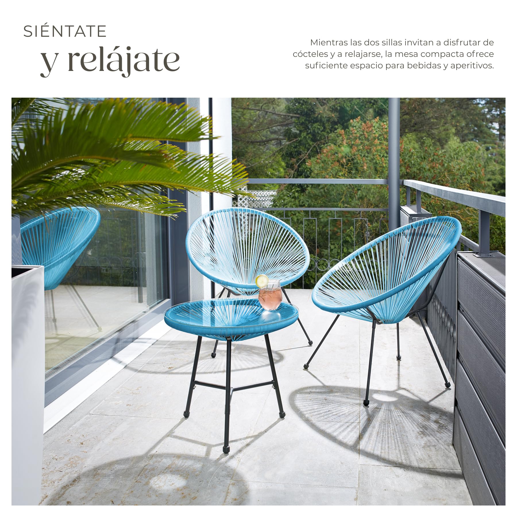 tectake® Conjunto Muebles Jardín Exterior de Acero, Estilo Acapulco, 2 Sillas y 1 Mesa con Cristal, Mesa y Sillas de Terraza Resistentes a Intemperie,Topes en Patas, para Interior y Exterior - azul