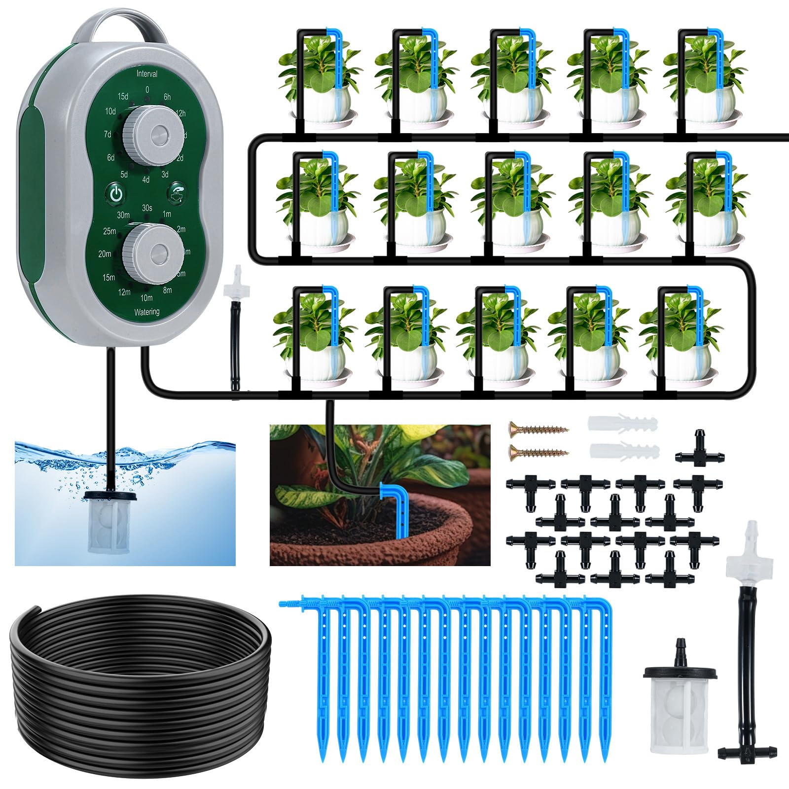 Fizzyo Automatic Drip Irrigation System Kit for 15 Potted Plants, Indoor Self Watering System Plant Watering Devices Plant Waterer with Programmable Water Timer for Garden Balcony Greenhouse Vacation