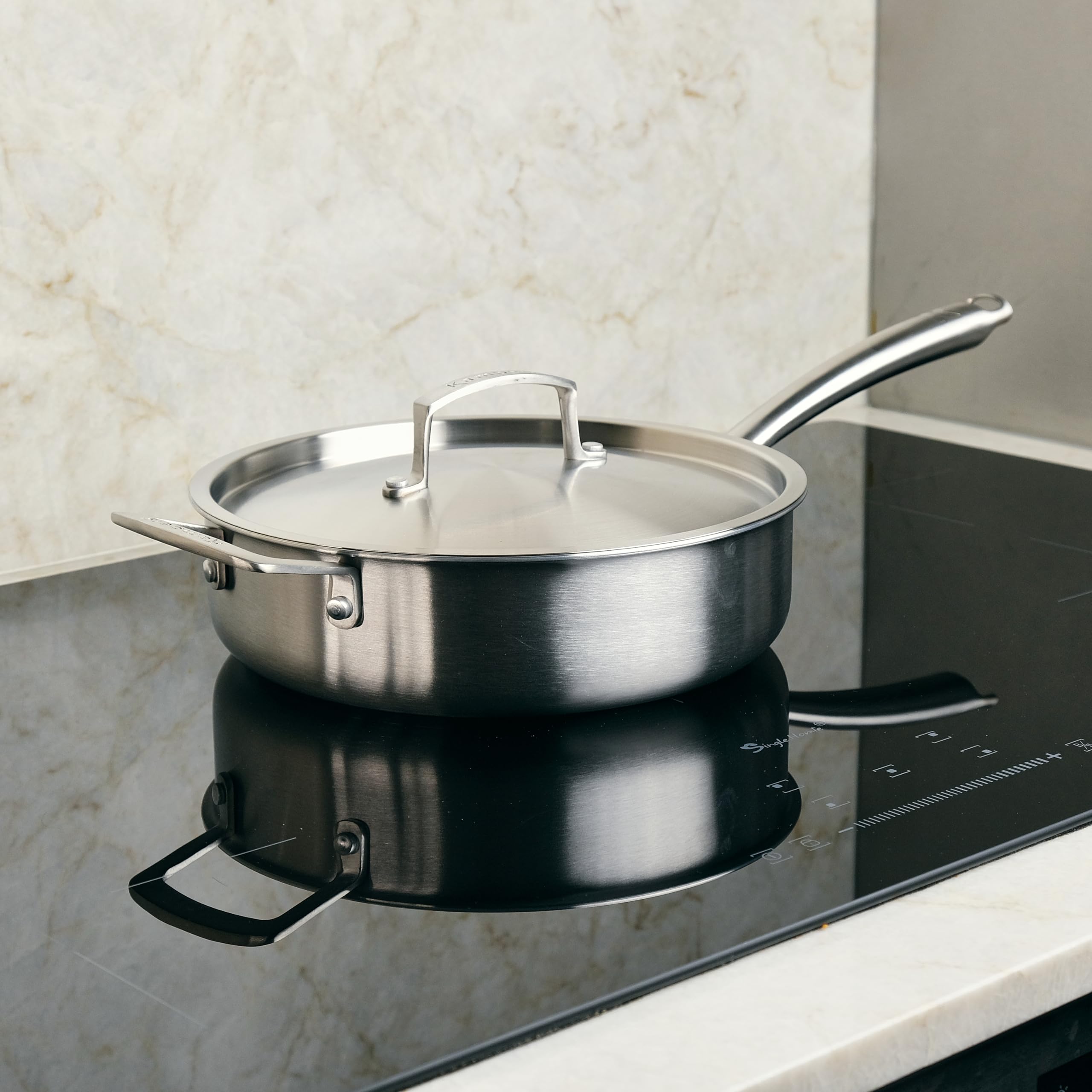 KAMBERG - Padella Ø28 cm in acciaio inox 18/10 triply - Senza PFAS - Coperchio incluso - Tutti i piani cottura inclusi induzione e forno - 0008279, grigio