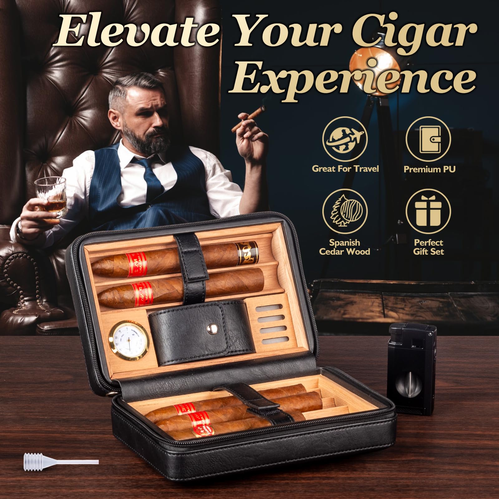 Humidor de Viaje de Cuero para 6 con Higrómetro y Encendedor | Estuche de cuero con cedro, higrómetro y humidificador; 6 puros; incluye encendedor de doble llama, cortador en V y punzón