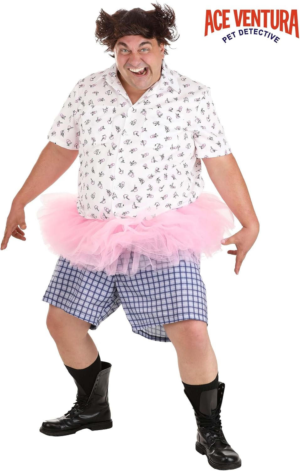 Plus Size Ace Ventura Tutu Costume for Men - Includes Shirt, Shorts, Pink Tutu, and Wig for Funny Halloween Party Outfit