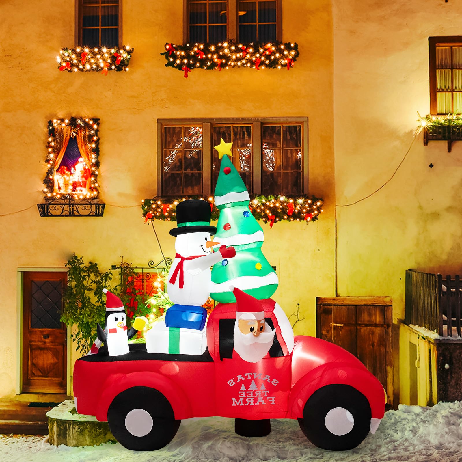 SOARS Decorazioni Natalizie, Babbo Natale Gonfiabile in Auto 240 CM, con Regalo, Pupazzo, Albero, Pinguino, Luce LED Incorporata, Addobbi Natalizi per Esterno Interno per Casa, Giardino, Cortile