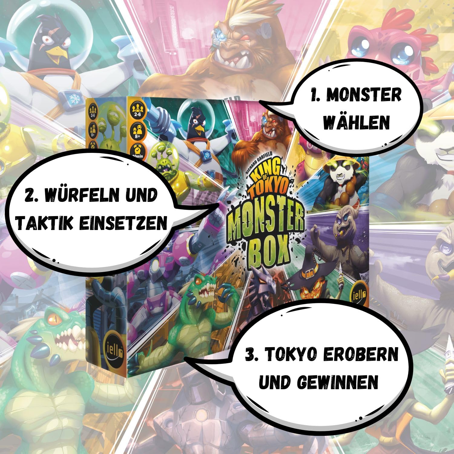 IELLO, King of Tokyo Monsterbox – Grundspiel mit Erweiterungen, taktisches Würfelspiel, rasante Kämpfe & Powerkarten, Für 2–6 Spieler ab 8 Jahren