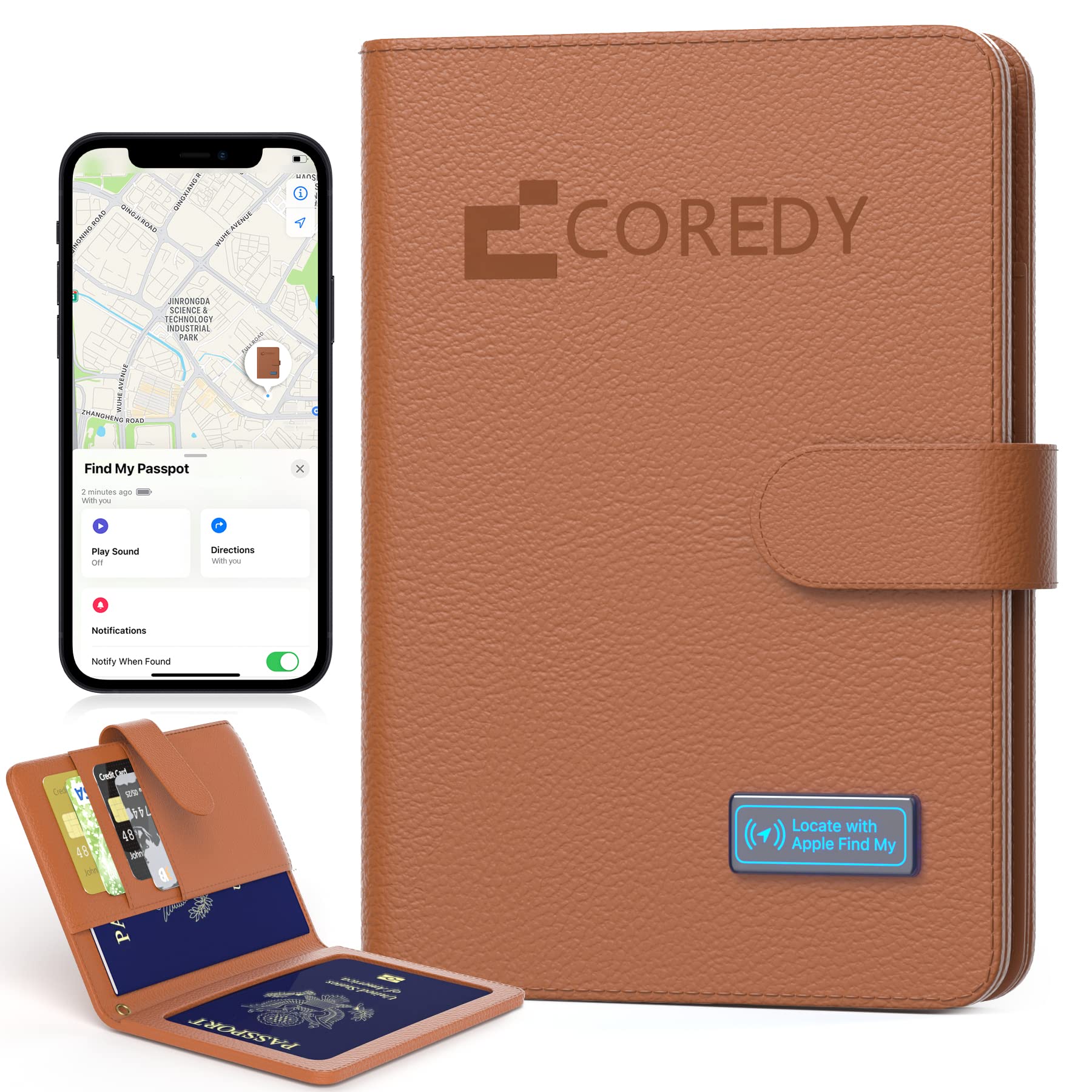 Passport Holder with Bluetooth Tracker, Works with Apple Find My (iOS Only), Worldwide Locate Passport Cover, Sound & LED Lights Indicator, 3-Year Long Battery Life, Travel Essentials