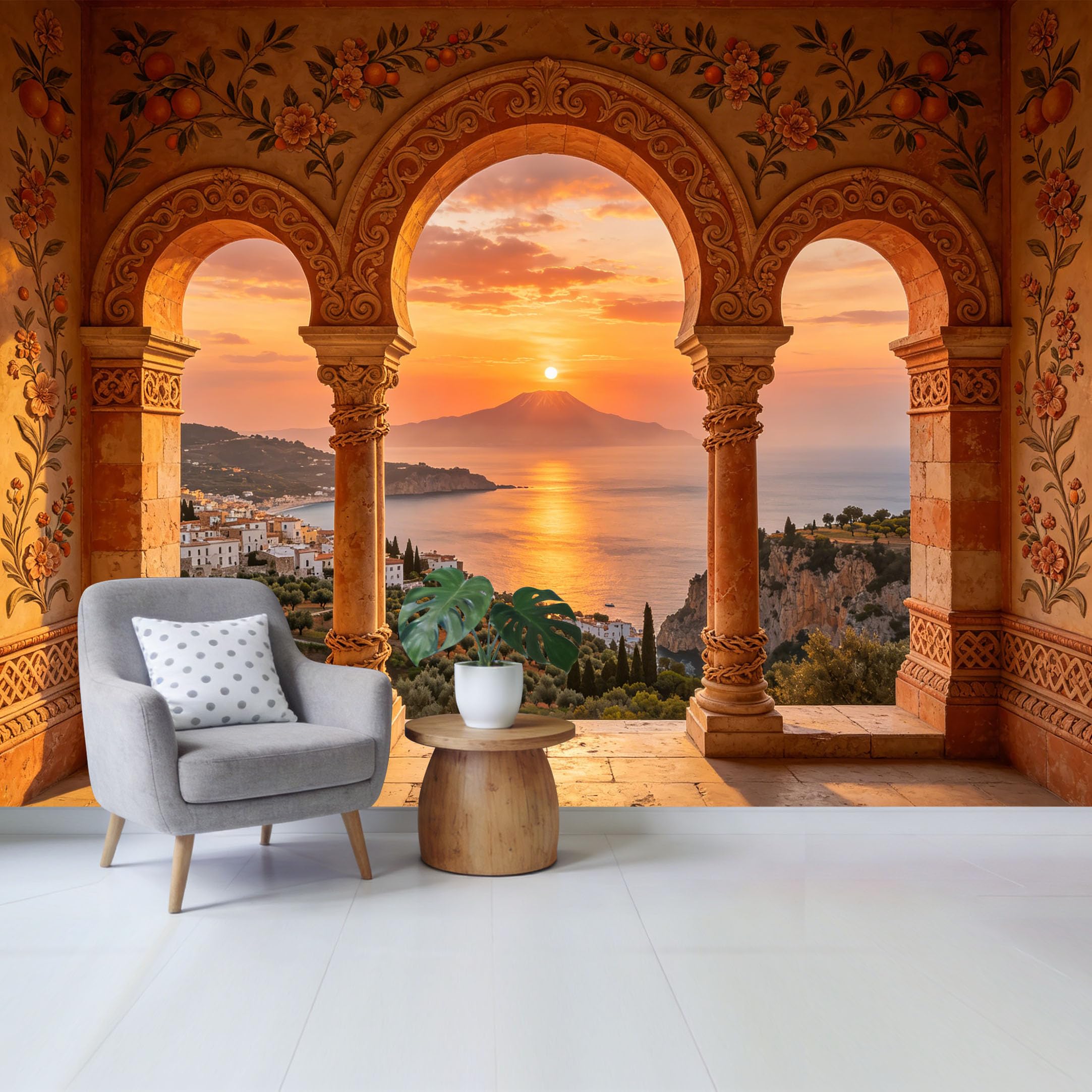 Removable Self Adhesive Fabric Mural， Mediterranean Coastal Sunset Mountain Custom Size Wall Covering， UV Protected Waterproof Washable Wall Decor for Living Room Bedroom Bathroom