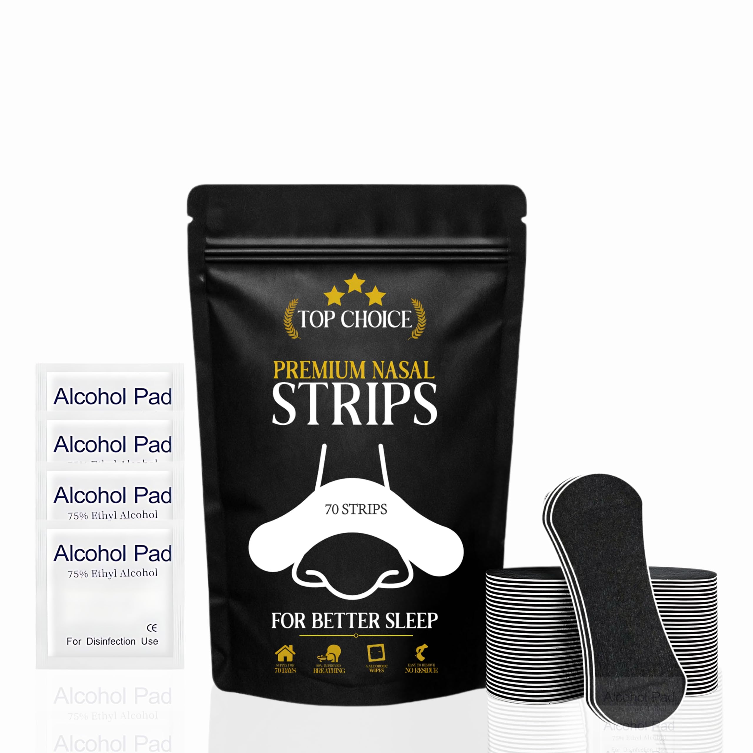 TopChoice Nasal Strips for Comfortable Breathing During Sleep Rest Drug-Free Nose Strips 70 Count 4 Alcohol Prep Wipes