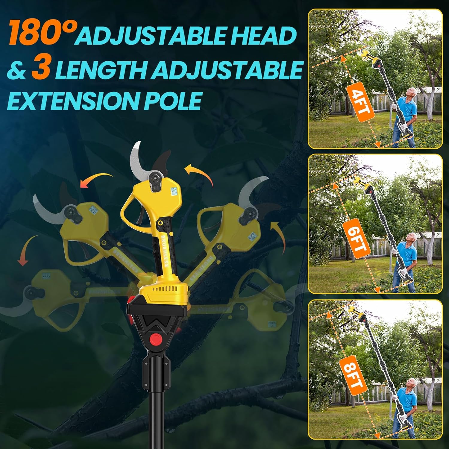 Electric Pruning Shears Cordless 1.6-2.0 Inches & Electric Pole Pruner 2-IN-1 Reach To 14-ft, 2 * 2Ah Battery Pruning Shears, Cordless Pole Pruner Garden Tool for Tree Trimming Branch Cutter