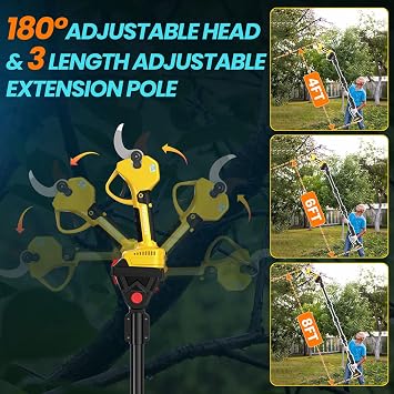 Electric Secateurs, 2M Telescopic Tree Pruner, 50 mm 2 * 2Ah Electric Pruning Shears, Tree Loppers Long Reach Telescopic, Pruner Cordless, 2-in-1 Professional Garden Power Tools for Plants, Trees