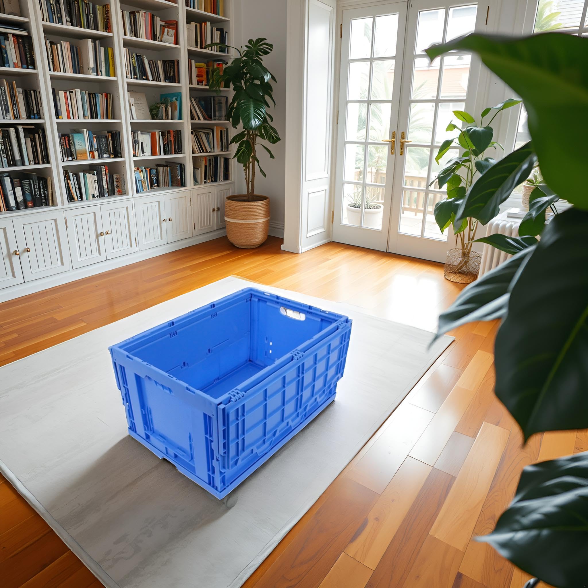Caja plegable con tapa, resistente y grande 60L, contenedor de transporte, caja de almacenamiento para compras, Fabricada en Alemania, Etiqueta Ecológica, 60x40x33 cm, azul | Estabilidad probada por TÜV. Fabricado en Alemania