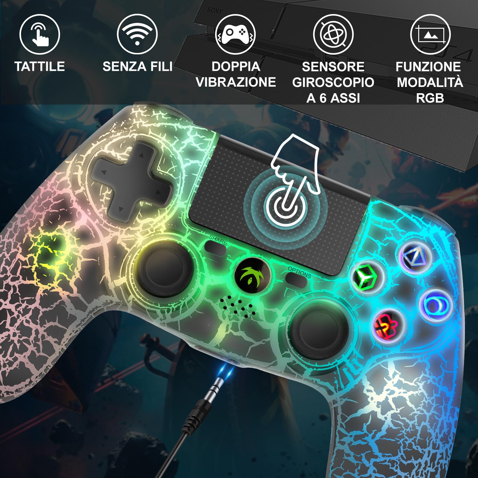 wireless Controller per PS4, Gamepad wireless con vibrazione doppia, con luce RGB, joystick PS4 per PS4/Slim/Pro/PC(B)