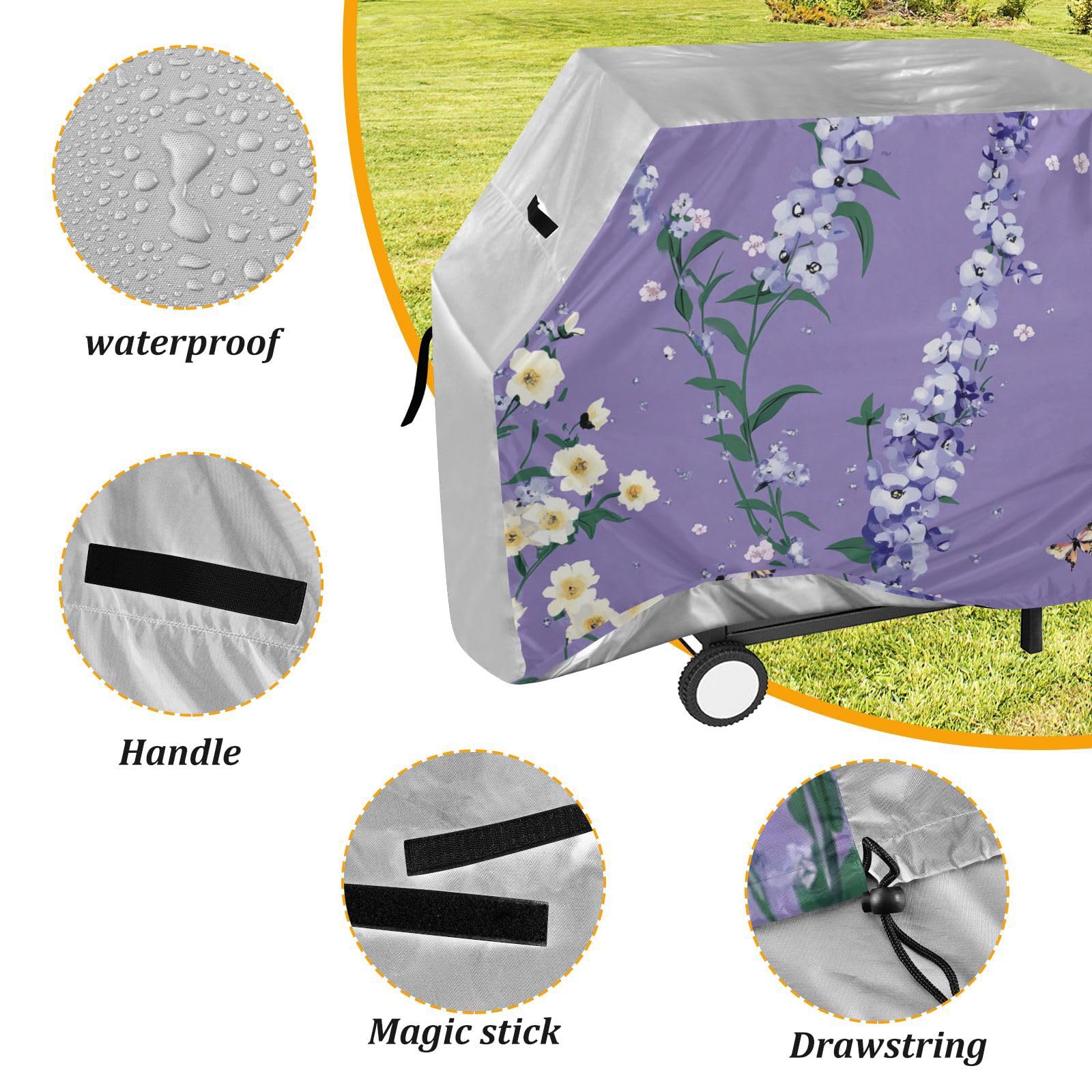 Safaris Delphinium fioletowy pokrowiec na grilla 150 cm, wodoodporny, wytrzymały, odporny na rozdarcie, odporny na blaknięcie materiał, pokrowiec na grilla z regulowanym sznurkiem, chroniący przed