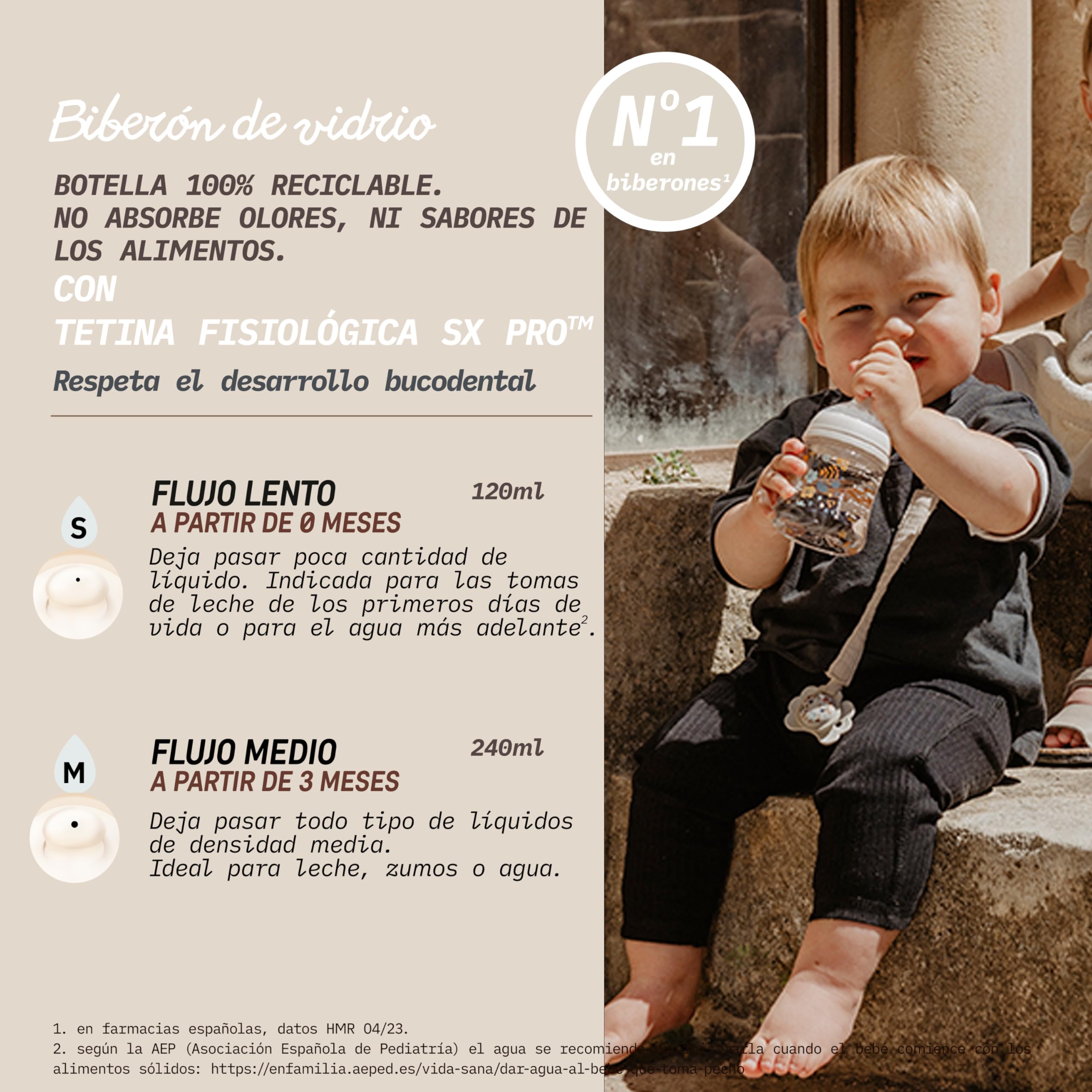 Suavinex, Pack Biberons en Verre de 240 ml. Biberon avec Tétine Symétrique SX Pro en Silicone, Anticoliques, Biberon avec Tétine à Débit Moyen (M), Pour Bébés +3 Mois, Wonderland Bleu, Beige