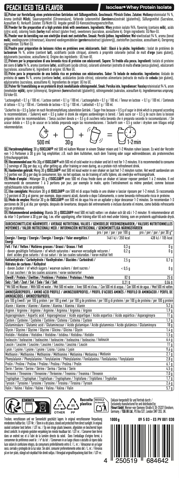 ESN Isoclear Proteine Isolate del Siero di Latte in Polvere, Té Freddo alla Pesca, 1000 g, Proteinlimo con gusto delizioso alla frutta, siero di latte chiaro - made in Germany