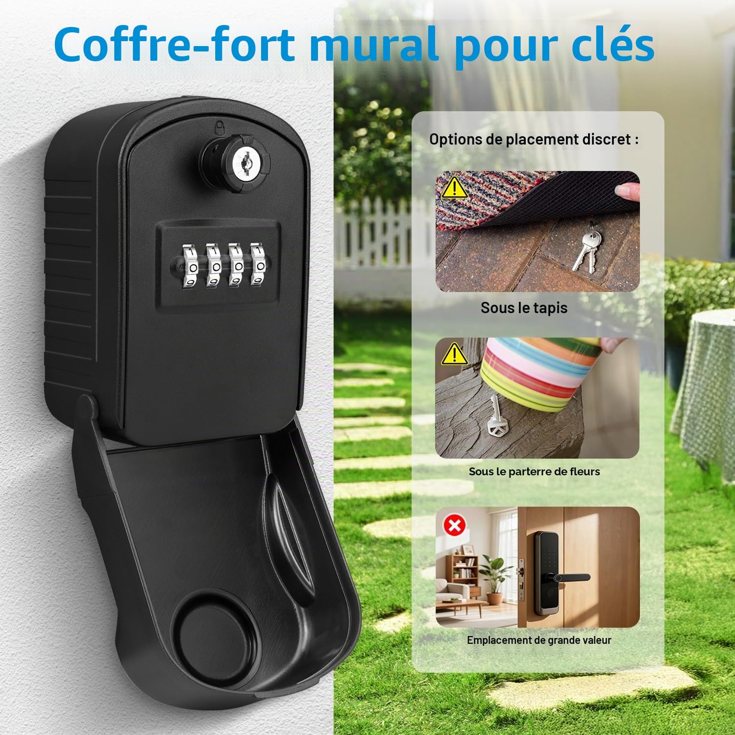 Boîte à Clé Sécurisée Grand Coffre a Clef Exterieur Etanche Boite à Clé avec 4 Code & Clés d'urgence Boitier Cles Securise Boite a Clefs Mural pour Exterieur Interieur Ecole Bureau Usine (Noir)