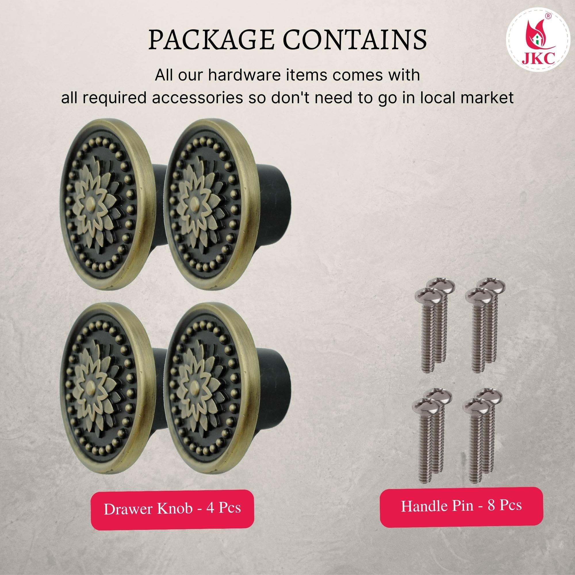 JKC Antique Brass Finish Rajwadi Design Cabinet Knobs, Multipurpose Door Handles for Wardrobe, Eye Catching Drawer Knobs, Knobs for Cabinets (Pack of 4) 4