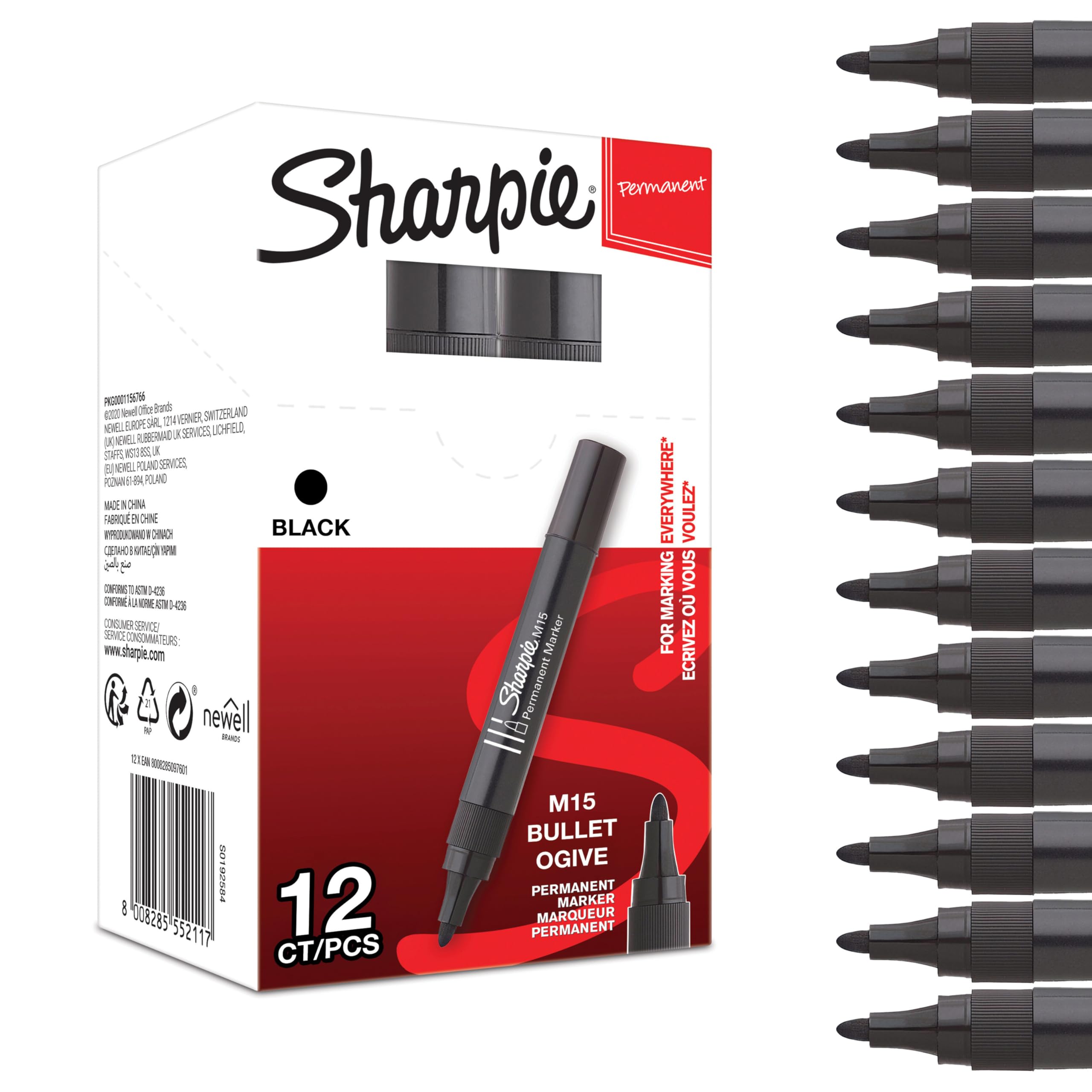 Sharpie M15 rotuladores permanentes | punta redonda | negro | paquete de 12 marcadores