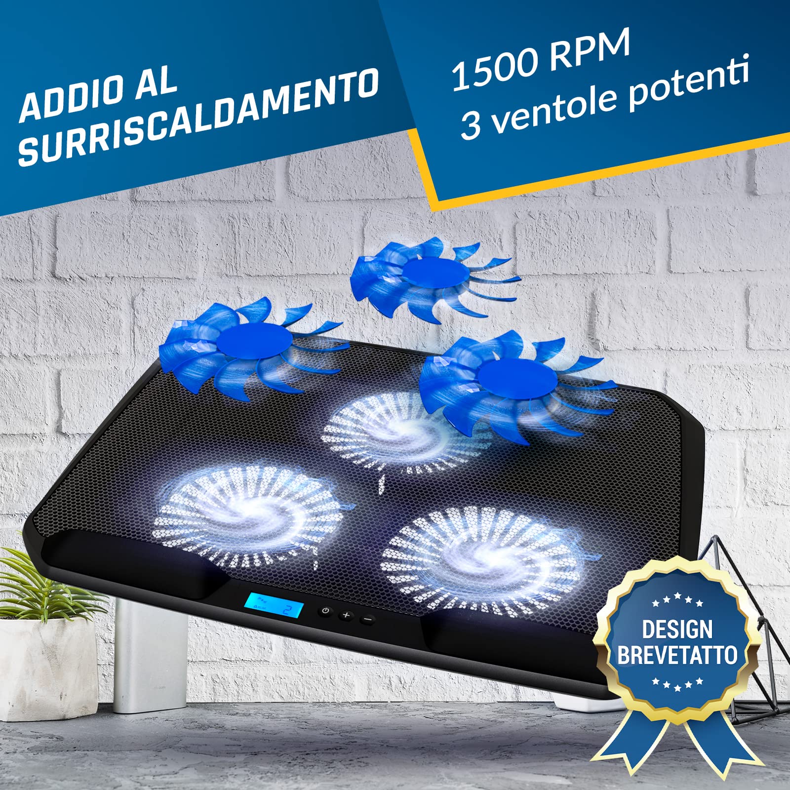 KLIM Ventola PC Portatile KN02 Raffreddamento Silenzioso 3 Ventole 1500 RPM Poggiapolsi Imbottiti 11-17" Garanzia 5 Anni