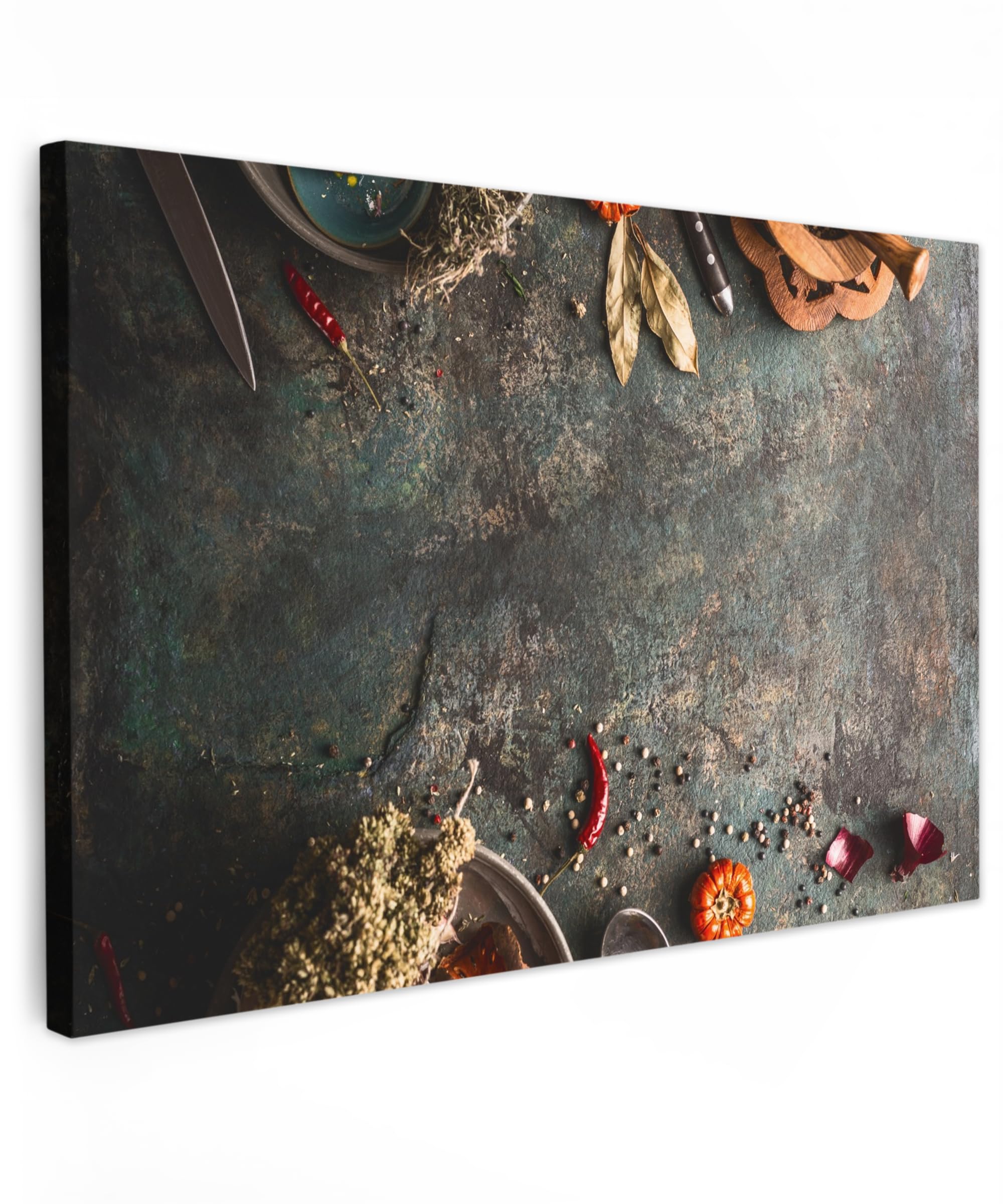 MuchoWow© Leinwand 90x60 cm Deko Schlafzimmer Aesthetic Leinwandbilder Wohnzimmer Gemälde Foto Geschenk Living Room Decoration Küchenbilder - Bild Küche - Marmor - Gemüse - Kürbis - Gewürze