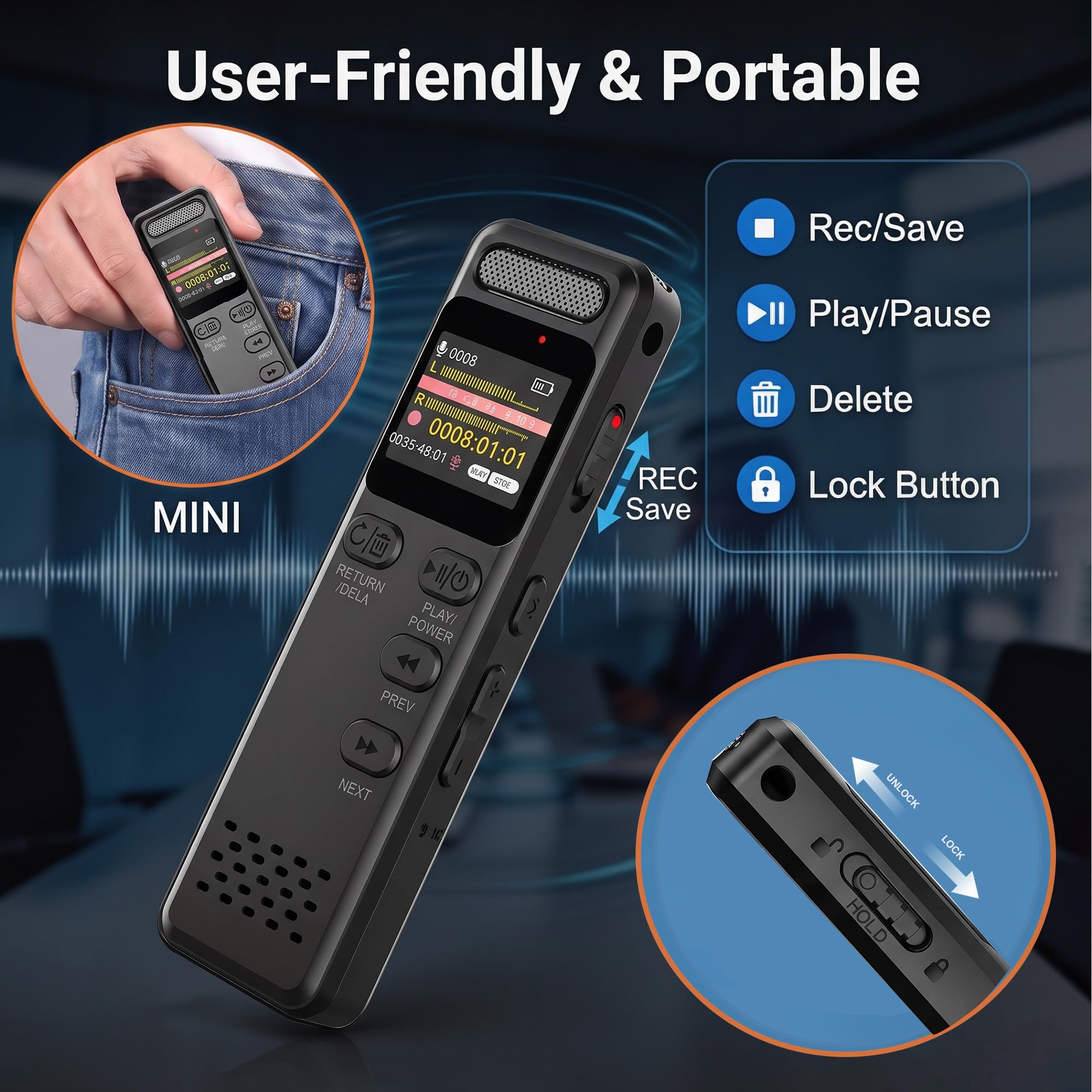 Enregistreur Vocal Numérique,Enregistrement HD (3072kbps) Réduction du Bruit Dictaphone Facile à Utiliser, Lecteur MP3 avec Verrouillage et Charge Type-C pour Conférences Entretiens Réunions (64GB)