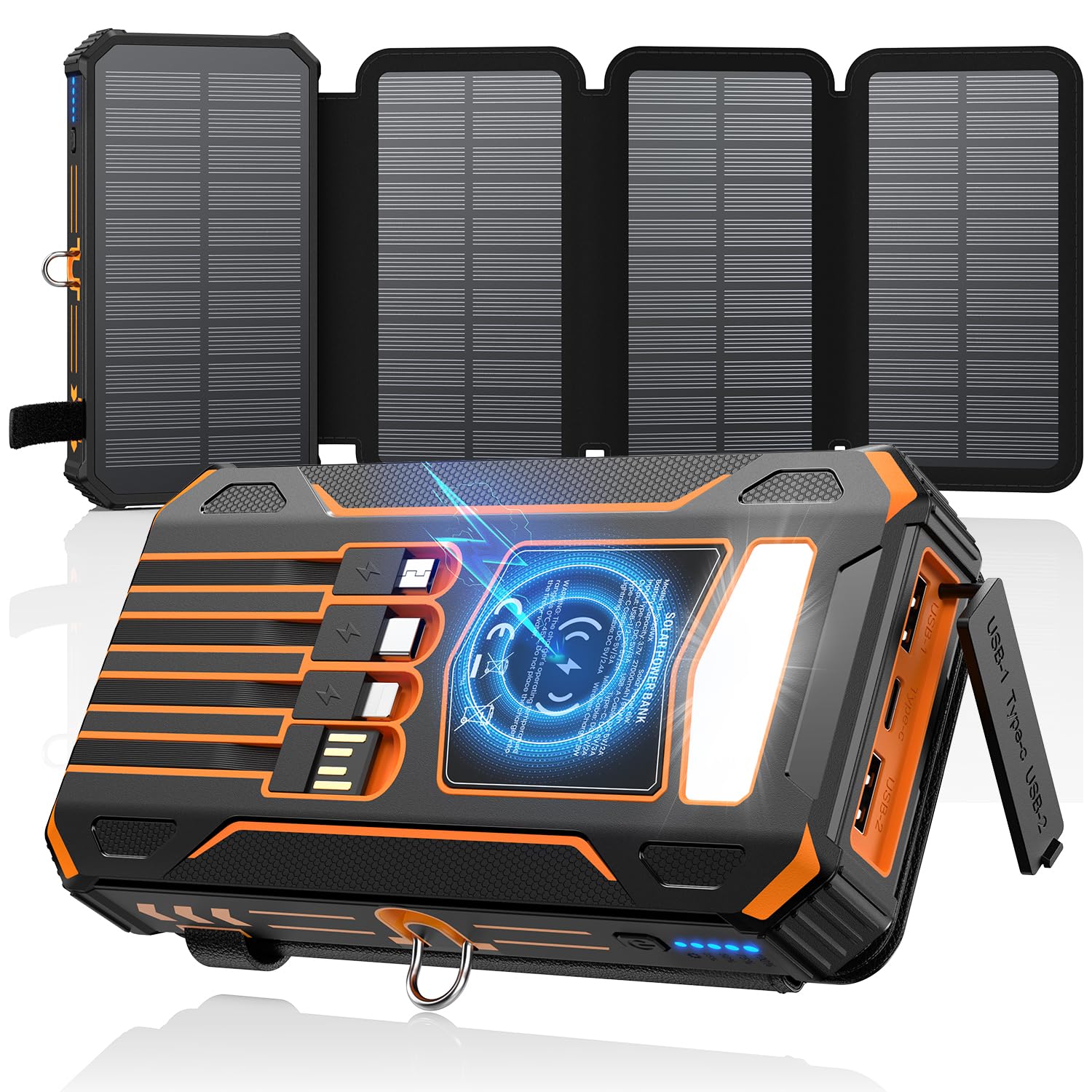 SOARAISE-Caricatore-Solare-Power-Bank-27000mAh - Impermeabile Caricabatterie Solare con 4 Cavi & 4 Pannelli Solares, PD QC 3.0 USB C Ricarica Rapida Batteria Esterna per Telefono (Arancione)