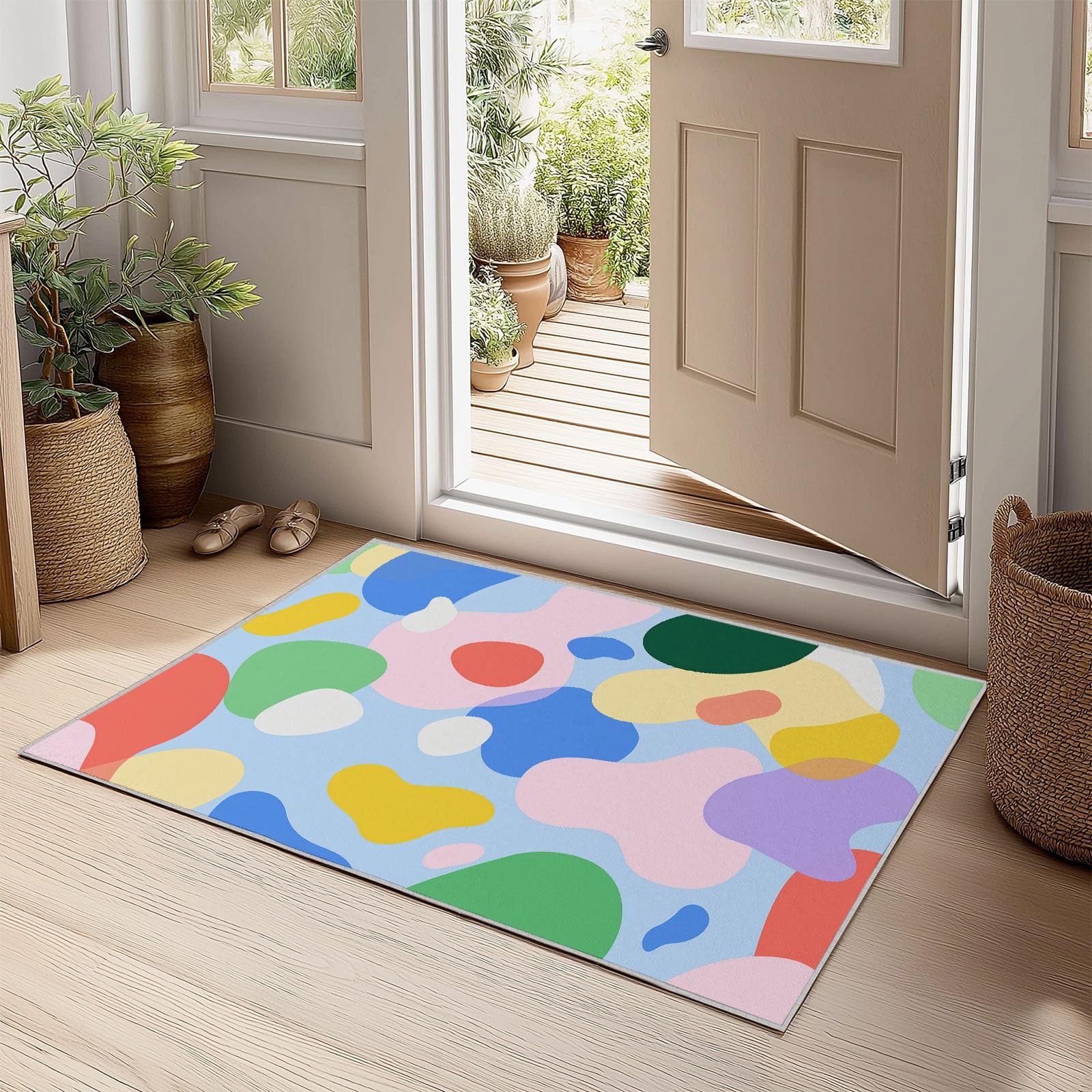 Dywan z niskim runem, antypoślizgowy dywan, 160 x 230 cm, sztuczna wełna, lekka, nadająca się do prania, mata podłogowa, abstrakcyjny wzór kreskówkowy, geometryczny wzór, do sypialni, salonu, biura