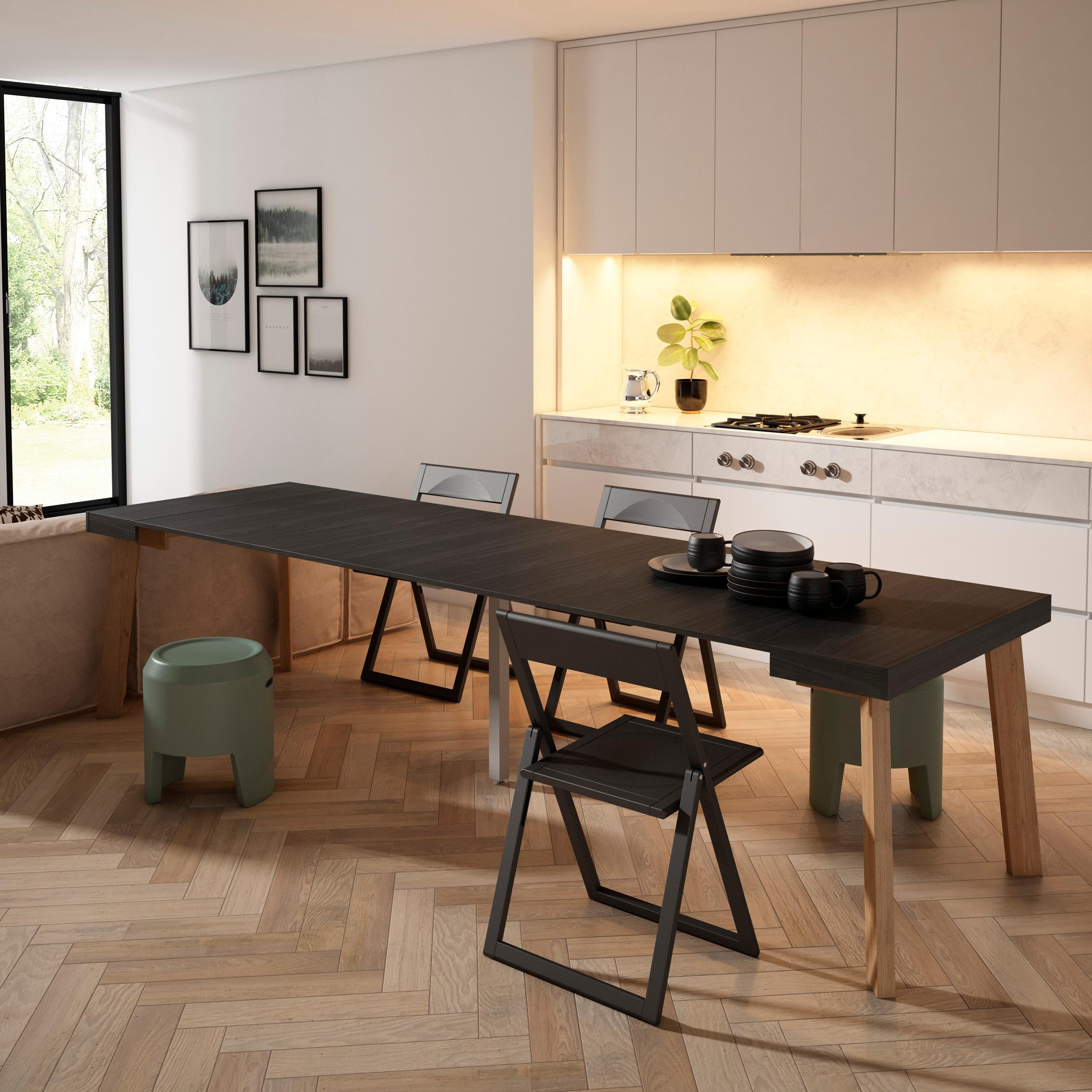 Skraut Home | Table Console Extensible | Console Meuble | 300 | pour 14 Personnes | Pieds en Bois | Style Moderne | Noir