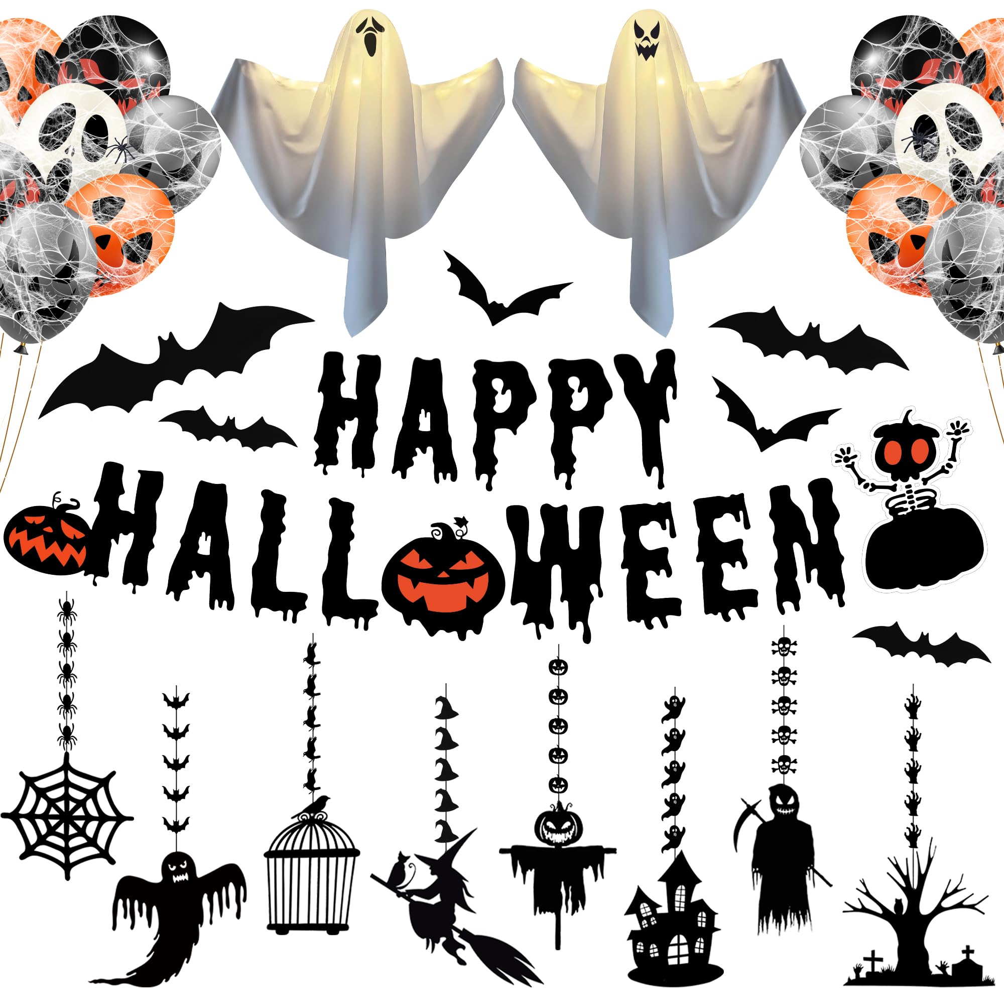 Halloween Decorations - Halloween Party Decoration Set,Indoor Halloween Balloons Decor Kit with Hanging Ghosts, 3D Bats, Banner and Hallowe'en Hanging Decs,UK Home Halloweens Decor Pack