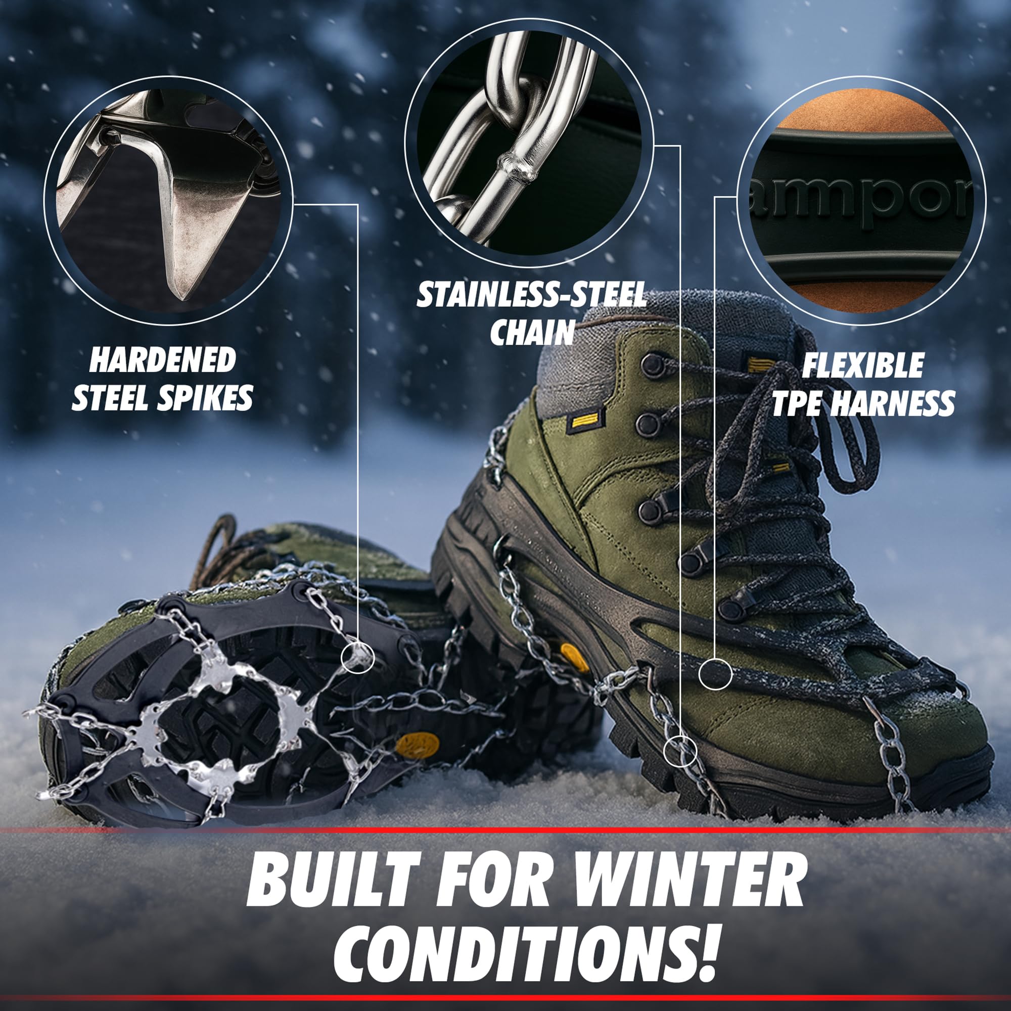 Ramponi per scarponi da montagna a 8/19 denti, Premium Ramponi antiscivolo per scarpe per neve e ghiaccio, in acciaio, taglia 38-42/42-45/44-47 - M/L/XL, per uomini e donne