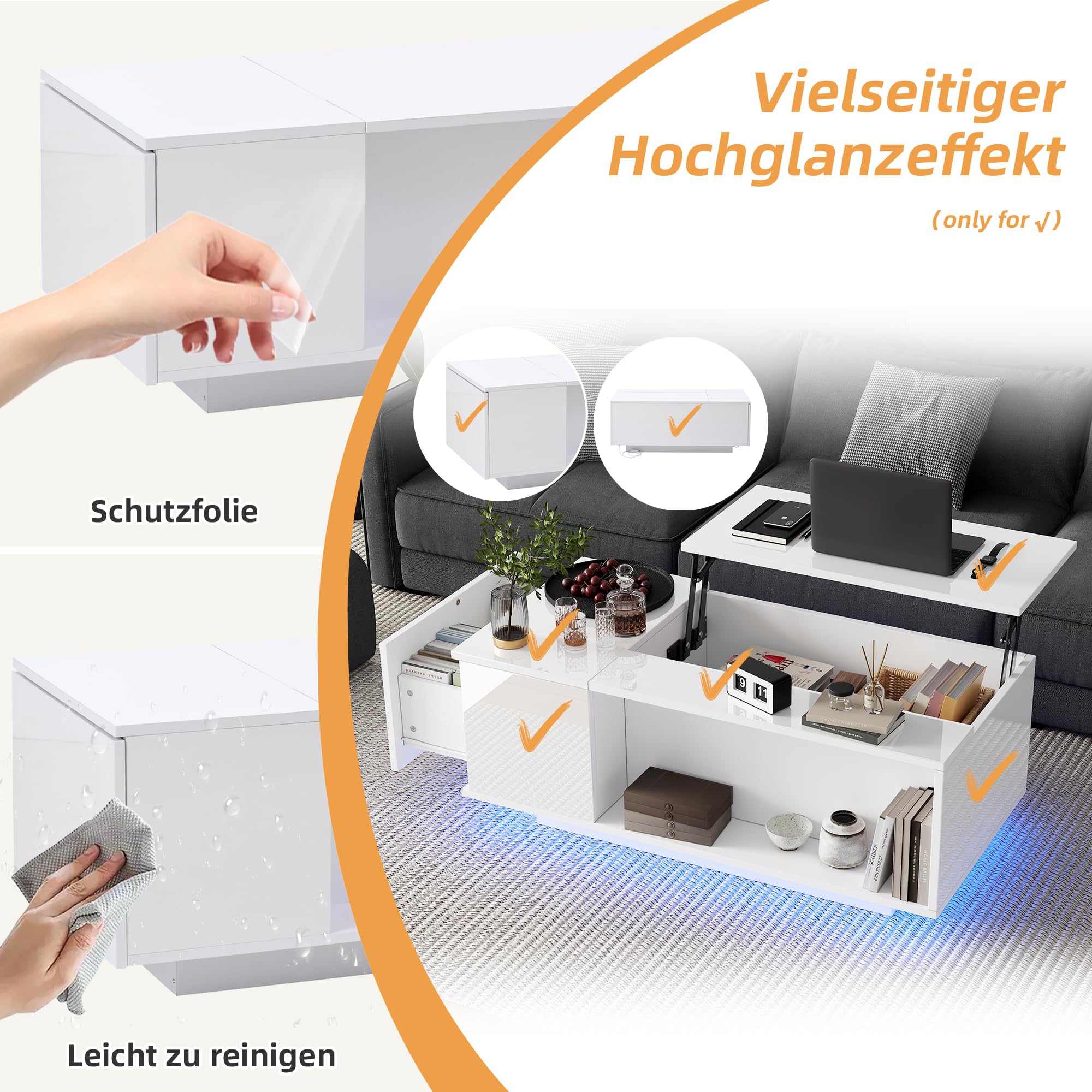 Merax Couchtisch mit Höhenverstellbarer Platte, Modern Hochglanz Wohnzimmertisch mit LED, Sofatisch Kaffeetisch mit Schubladen, Versteckte & offene Stauraum, Rechteckig Mitteltisch Beistelltisch, Weiß
