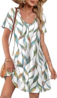 OFEEFAN Women's Summer V-Neck Casual T-Shirt Dress with Pockets