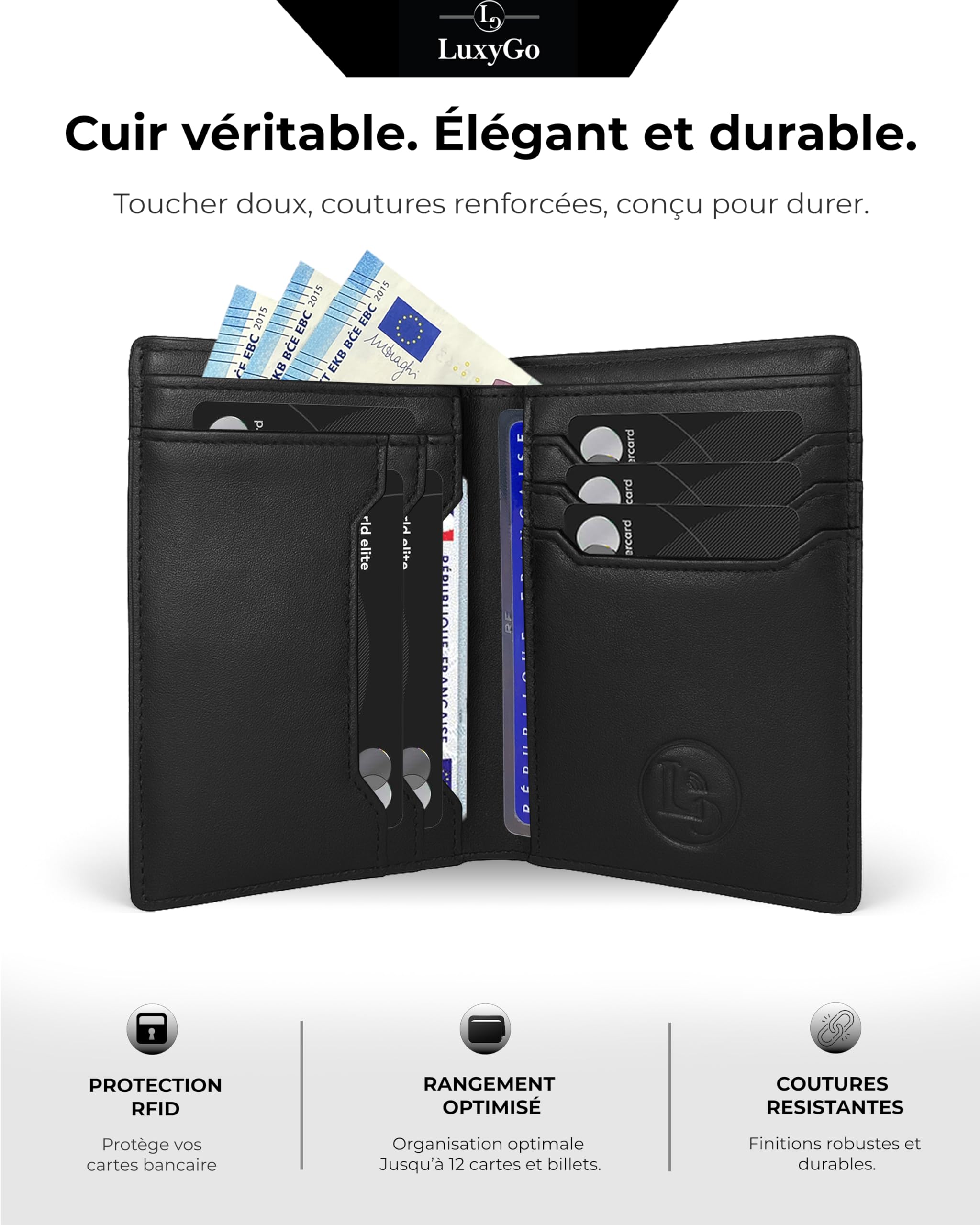 LuxyGo Portefeuille Homme en Cuir Véritable – Porte-Cartes Compact Anti-Piratage RFID – Protection Cartes Bancaires sans Contact – Carte Identité Française et Permis de Conduire – 11 Emplacements