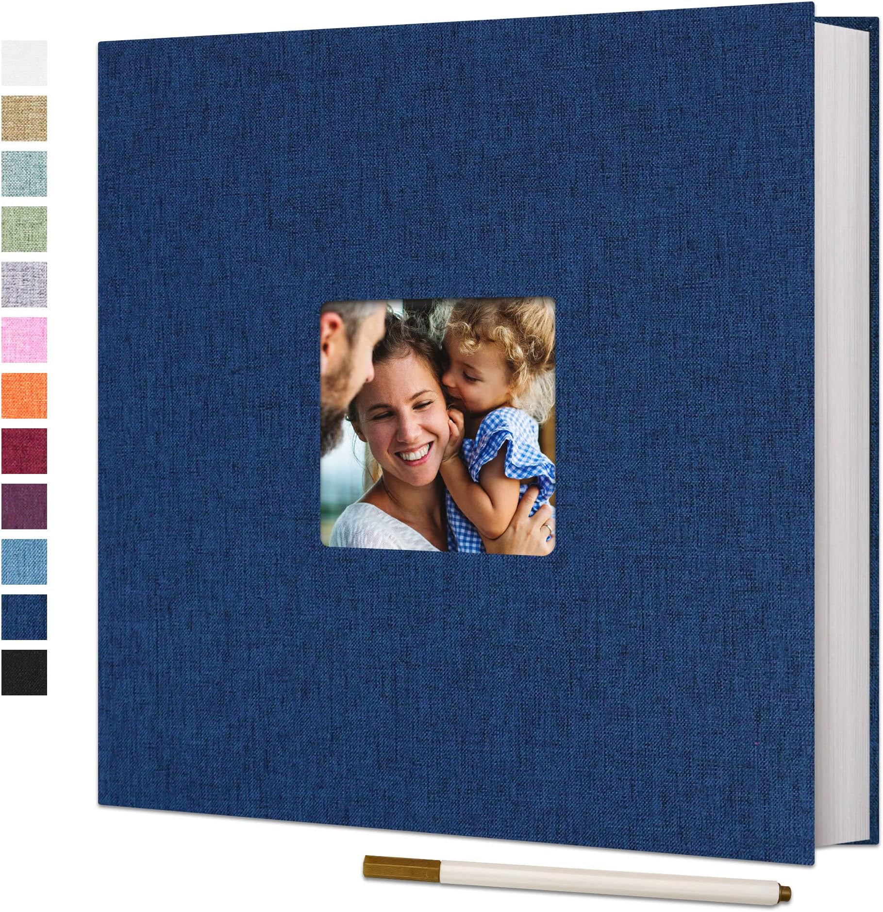 Vienrose Large Adhesive Photo Album Scrapbooking 40 Pages Linen Bound Photo Book DIY Length 33 x Width 32 cm with Blue Metallic Pen