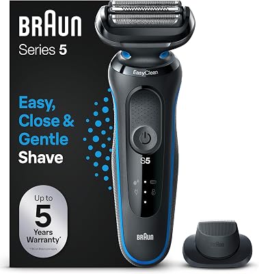 Braun Series 5 Regolabarba Uomo, Rasoio Elettrico Barba, Rifinitore di Precisione Easyclick, Easyclean, Wet&Dry, Ricaricabile, Rasoio a Lamina Senza Fili, Idea Regalo 51-B1200s Blu