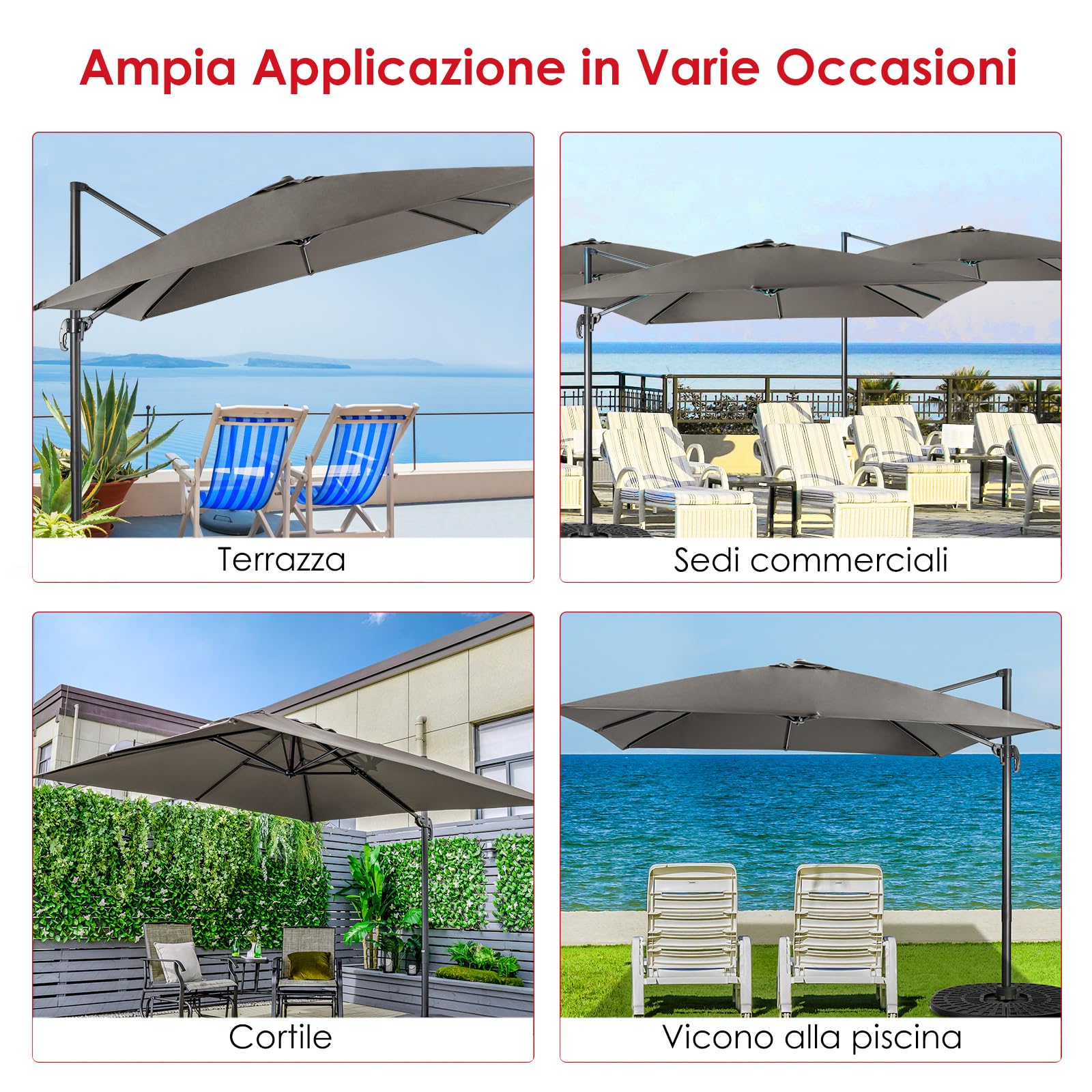 COSTWAY Ombrellone da Giardino 300x300cm 3 Inclinazioni Rotazione 360° Manovella 8 Stecche Base Incrociata Grigio