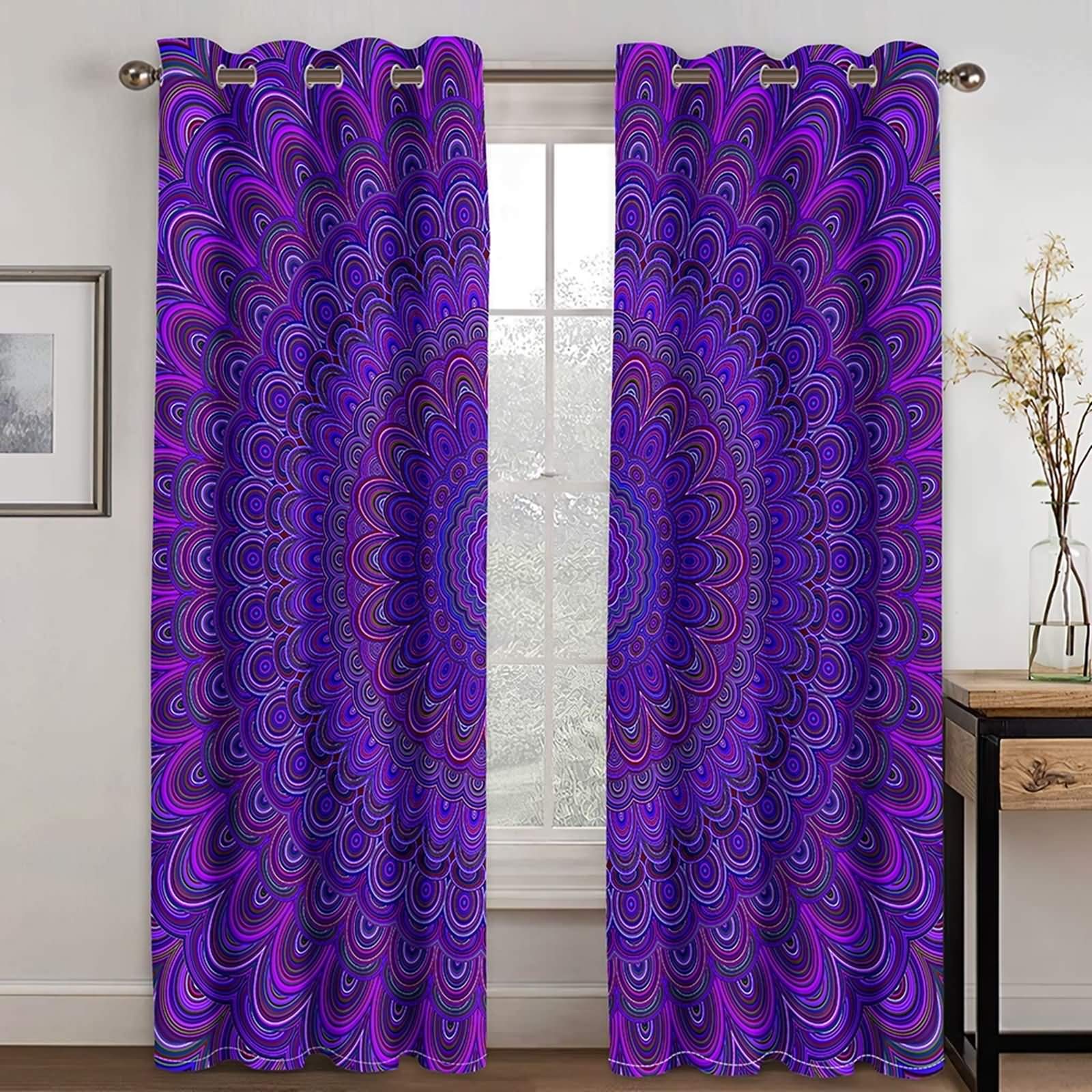 Epinki Zasłony poliestrowe fioletowe kwiaty mandala wzory zasłony okienne i zasłony salon, dostępne w 21 rozmiarach, rozmiar 214 x 274 cm