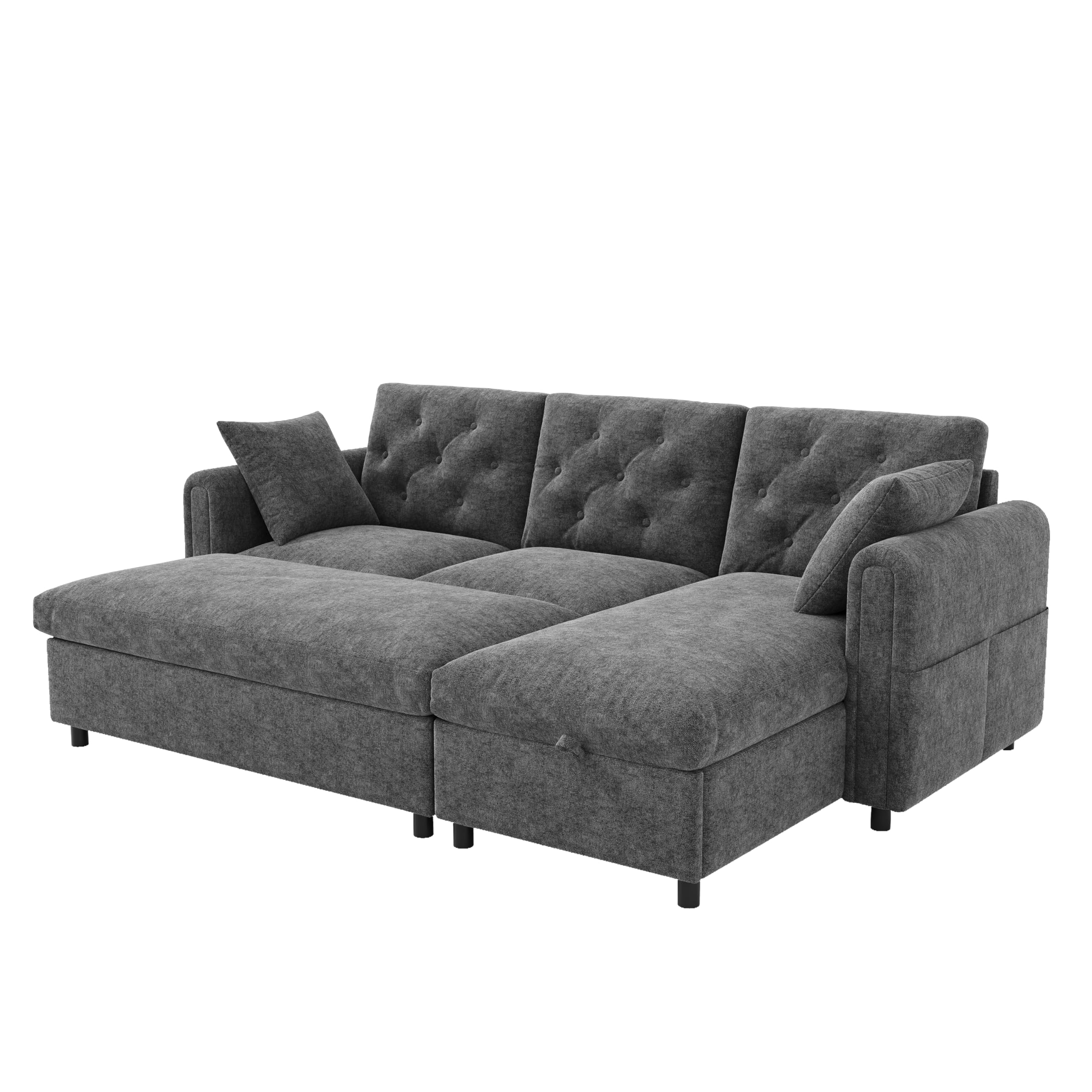 Merax Ecksofa mit Flexibler Ottomane & Hocker, Modulares L-Form Sofa mit 2 Bettkästen, beidseitig montierbar, Schlafsofa mit Seitentaschen & Knopfheftung, 3-Sitzer Couch, 219cm, Grau