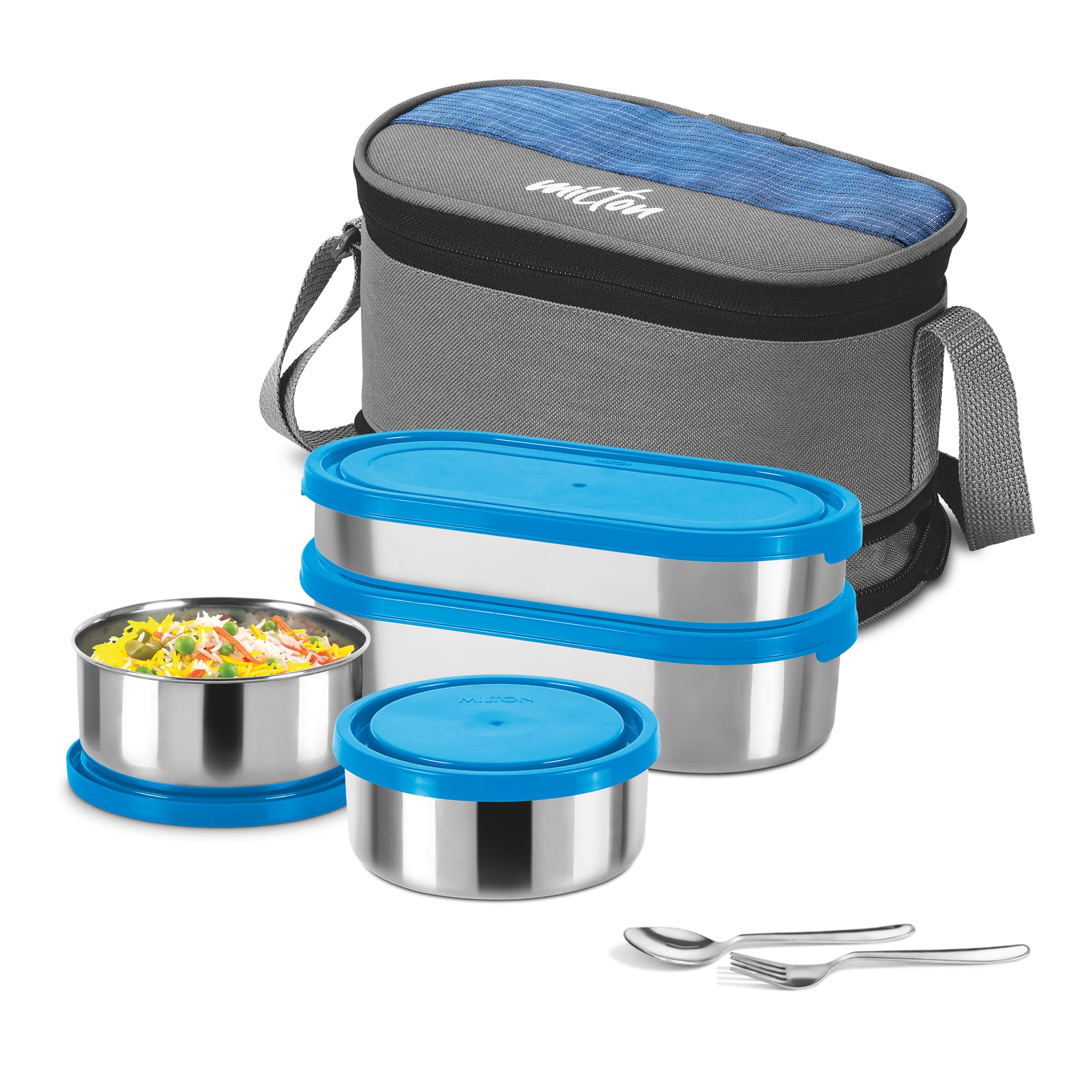 Milton Triple Decker Lunch Box with Insulated Fabric Jacket, 4 Containers(2 Oval Stainless Steel 450ml & 675ml, 2 Stainless Steel 280ml each, Spoon & Fork), Leak-Proof Tiffin for Office, College, Blue (B0C6Q2SMZG) Amazon Price History, Amazon Price Tracker