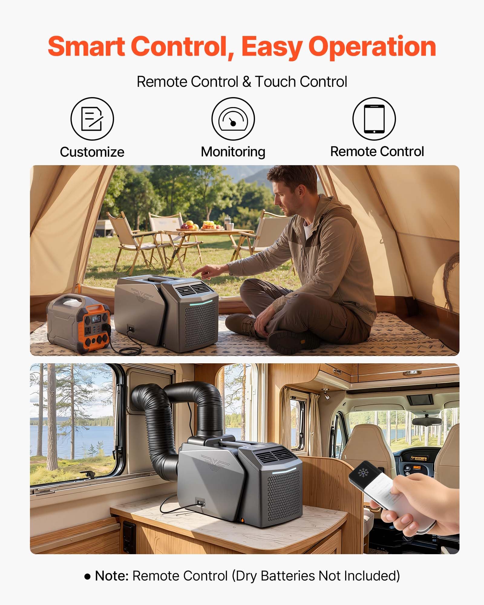 VEVOR Climatiseur Portable pour Camping 4850 BTU, Climatiseur Mobile Split à Double Tuyau pour Tente et Camping-car, avec Télécommande, Température Réglable 16-32 ℃, Débit d'Air 200 m³/h, Gris Foncé